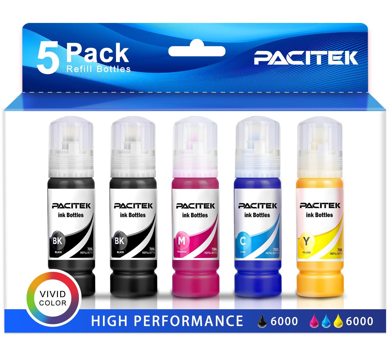 5-Pack Ink Refill Bottles for EcoTank Supertank Printers - 6000 Pages, Easy Refi