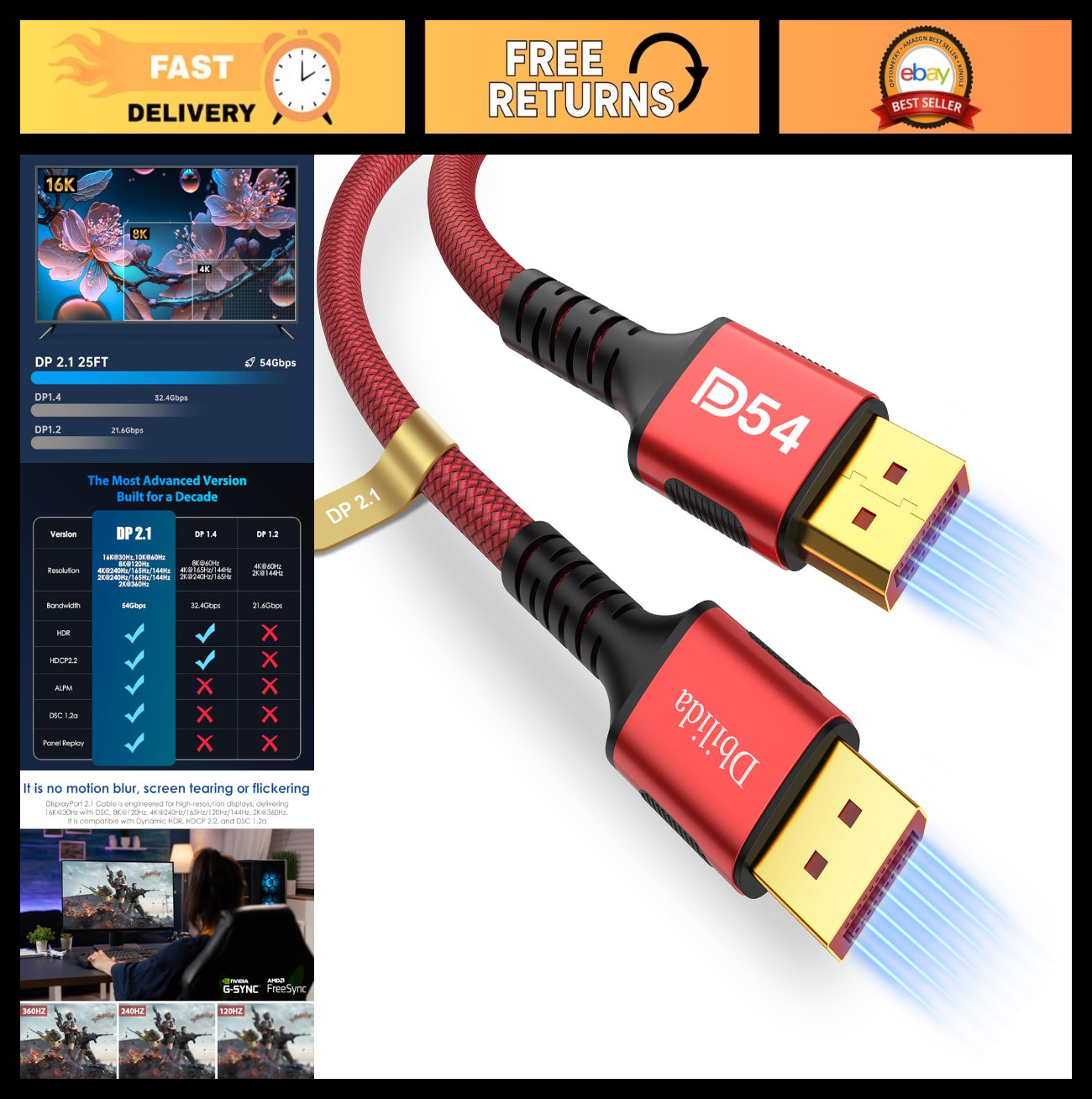 25FT DisplayPort 2.1 Cable, 54Gbps, 16K@30Hz, 8K@120Hz, 4K@240Hz, HDR, G-Sync, F