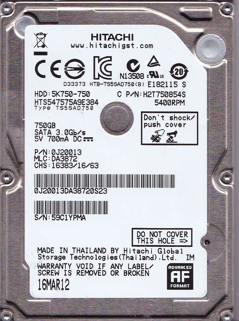 Hitachi HTS547575A9E384  p/n: 0J20013 mlc: DA3872 MAR/2012 750GB SATA C13-11