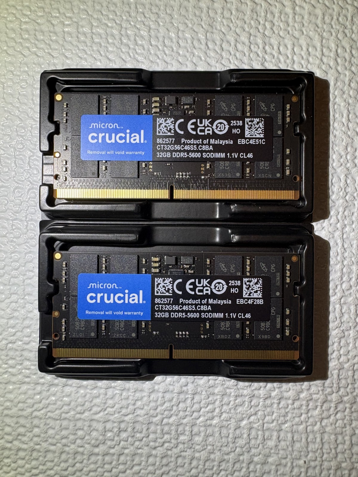 Crucial DDR5 64GB, 5600MHz, SODIMM, (1Rx8 SINGLE RANK) OEM RAM CT32G56C46S5.C8BA