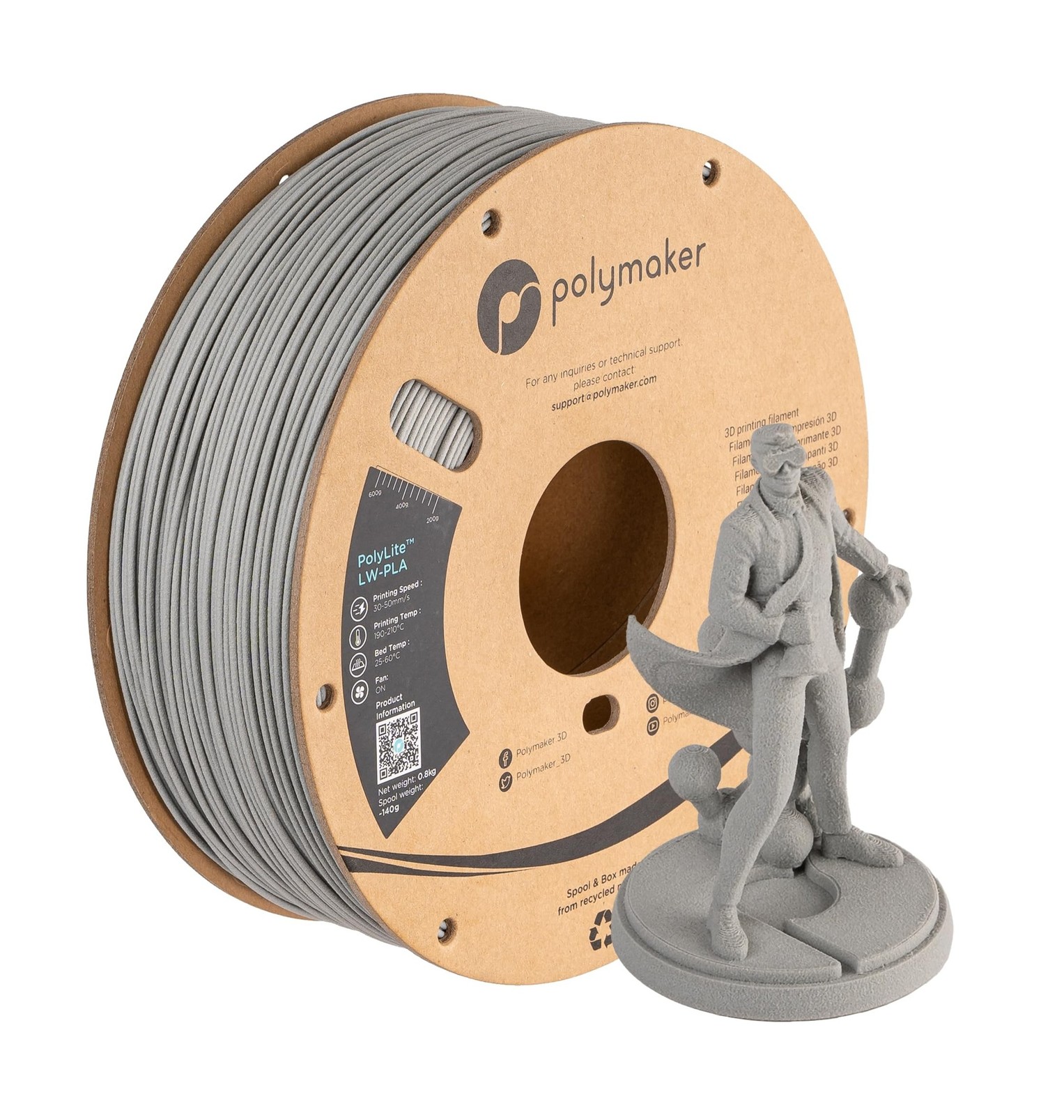 Polymaker Light Weight PLA Filament 1.75mm Grey 0.8kg, PolyLite 3D Printer PL...