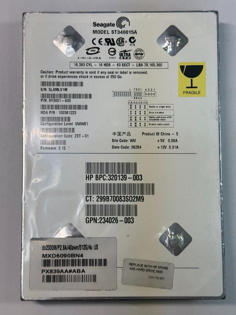 HP 320139-003 ST340015A 40GB 5.4K RPM Firmware 3.15 Date Code 06284 ATA 3.5" HDD