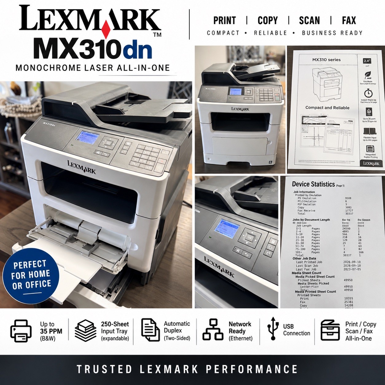 Lexmark MX310dn All-in-One Monochrome Laser Printer Copy Scan Fax Duplex