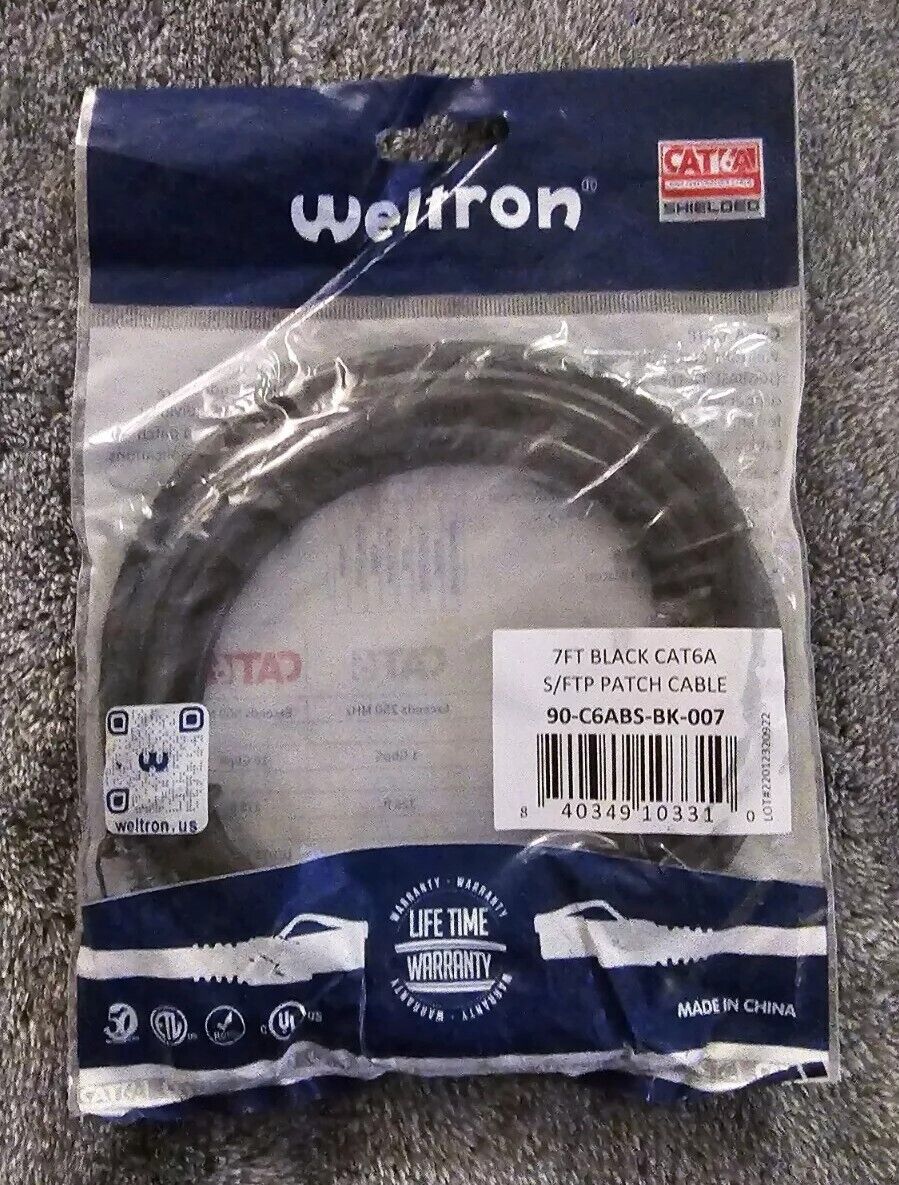 Weltron 7ft Black CAT6A S/FTP Shielded Patch Cable - Lifetime Warranty