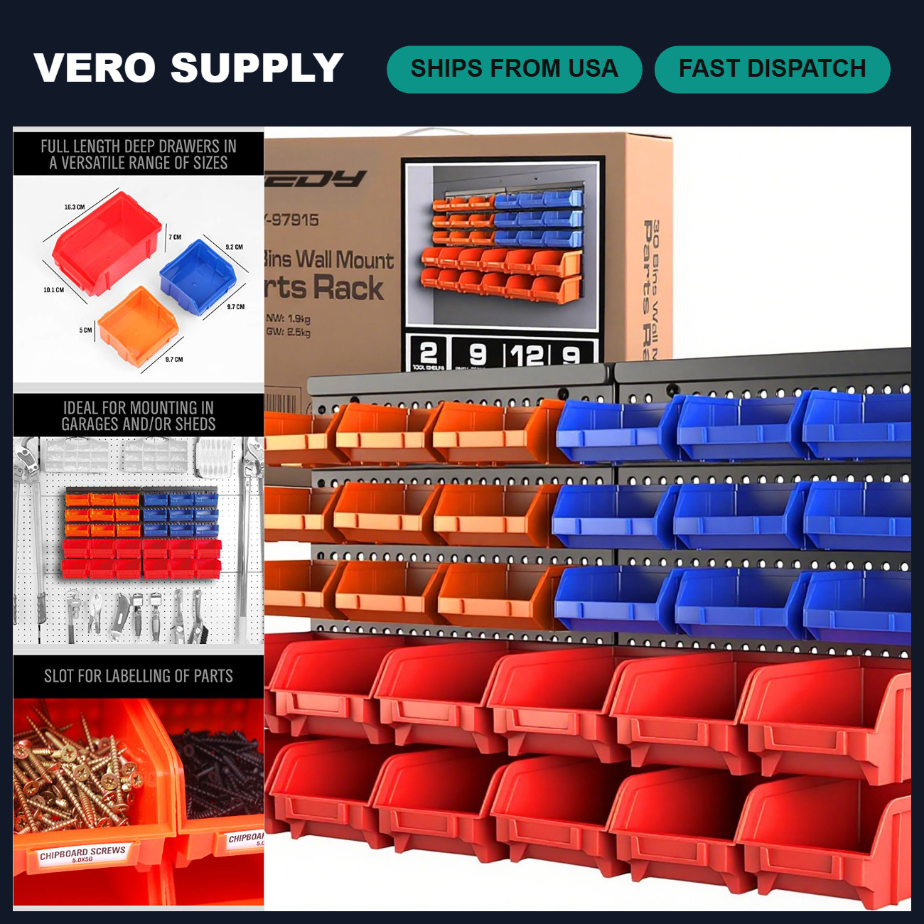30-Bin Wall-Mounted Storage Rack - Heavy-Duty Tool Organizer for Garage, Screws,