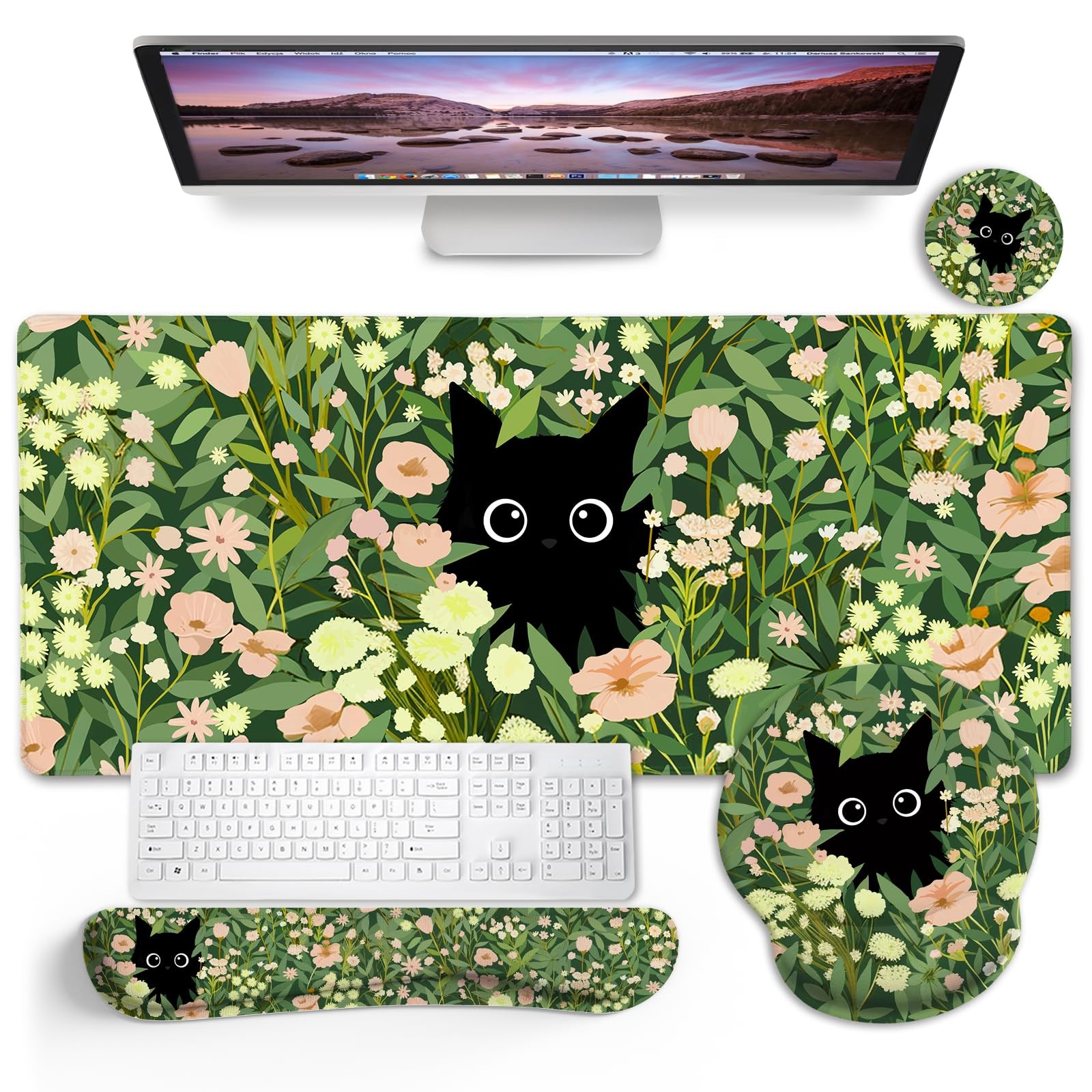 Black Cat Mouse Pad Desk Pad, Funny Cute Desk Mat Large Gaming Mouse Pad with...