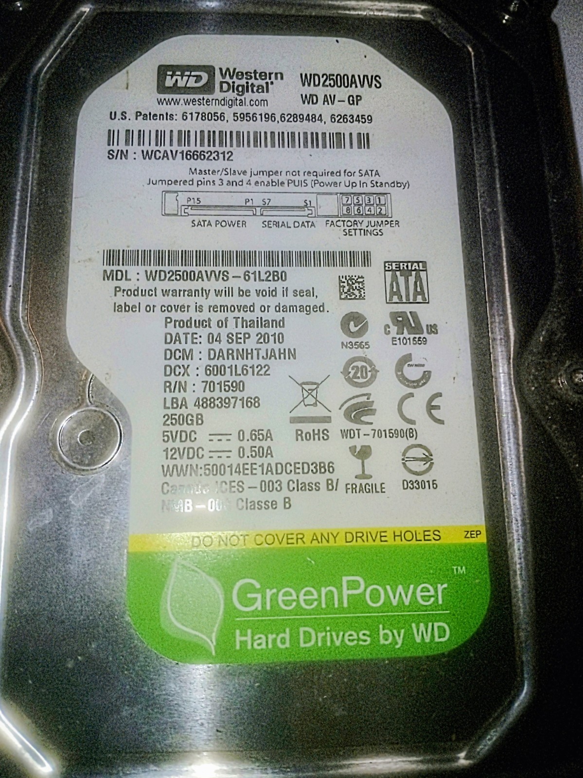 WESTERN DIGITAL GREEN POWER 250GB HDD WD2500AVVS-61L280 dcm: DARNHTJAHN  B1-15