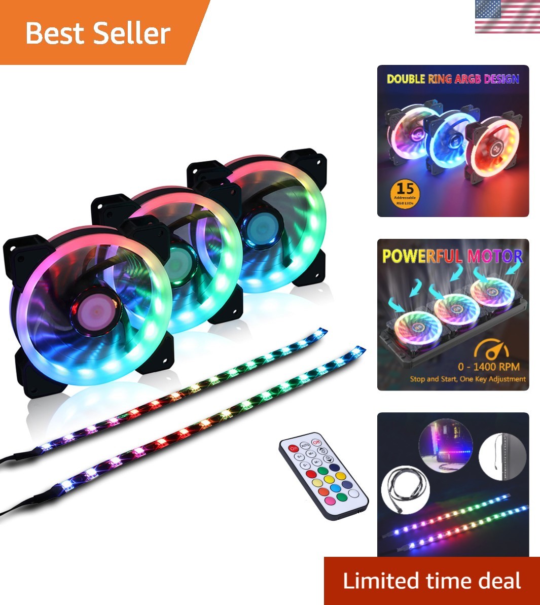 3-Pack High-Airflow RGB Case Fans with LED Strips & Remote Control - PC Gaming