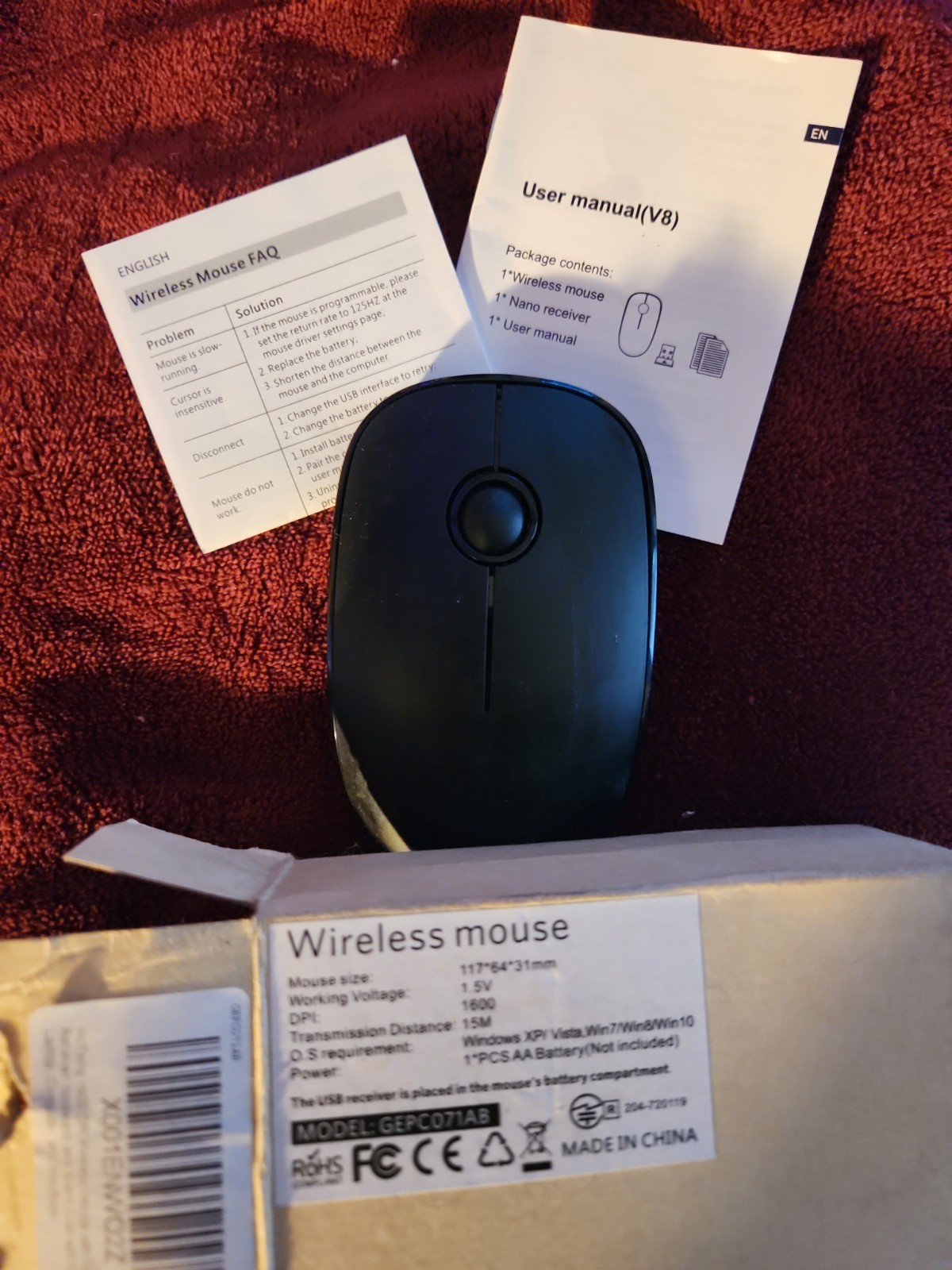 VicTsing V8 Wireless Mouse Black USB Receiver VG Tested Works