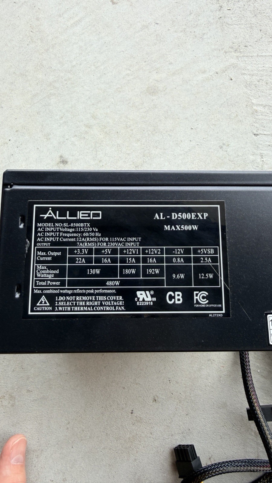 Allied M# Sl-8500BTX AL D500EXP Power Supply W/ Fan Cords Computer Parts