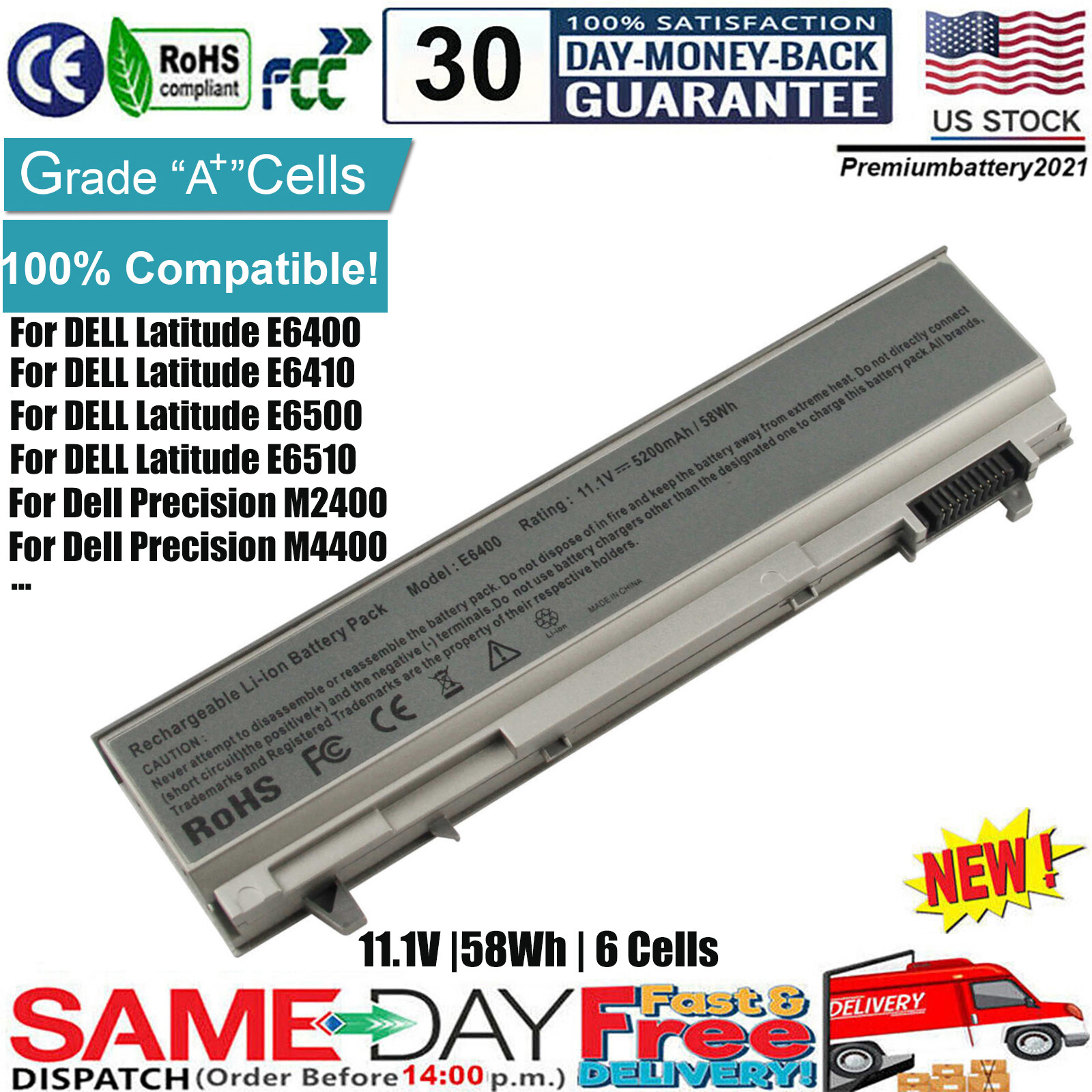 ✅Battery For Dell Latitude E6400 E6410 E6500 E6510 Precision M2400 M4400 PT434