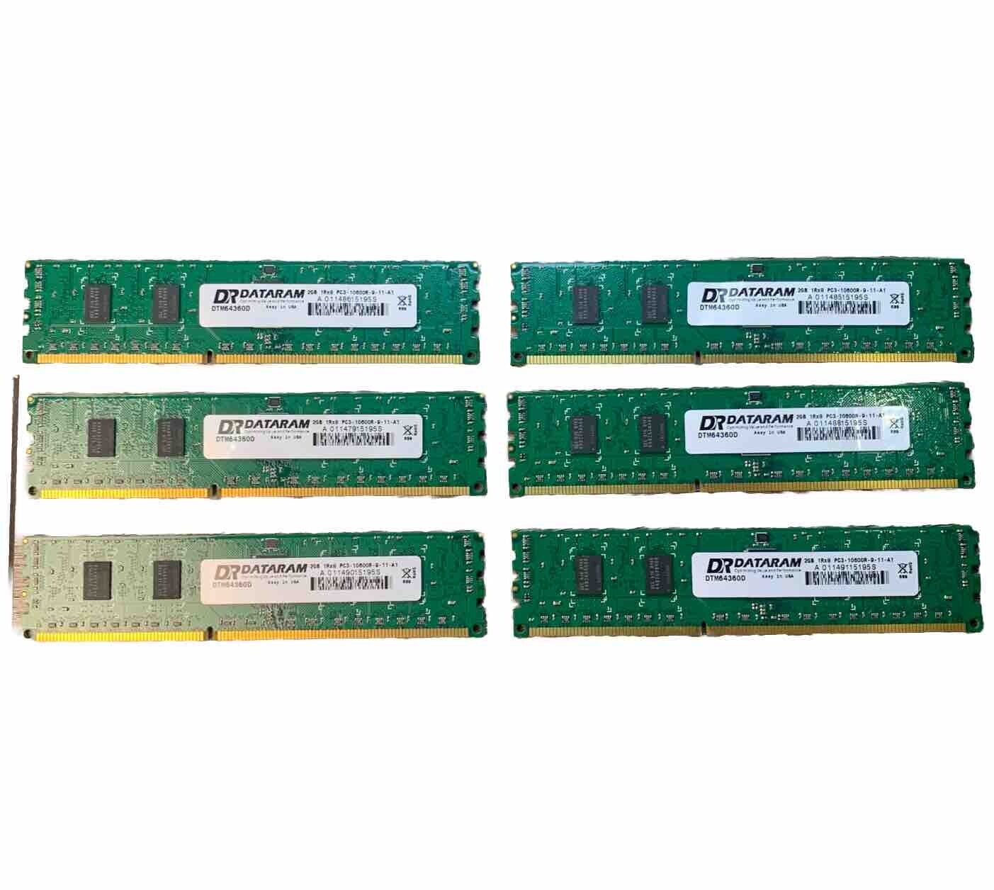 Lot of 6 2GB (12GB) DATARAM DTM64360D PC3-10600R-9-11-A1 Ram Sticks