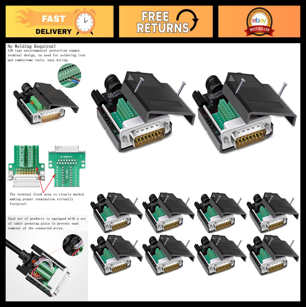 10PCS Solderless DB15 RS232 Serial Male Adapter 15 Pin Terminal Connector