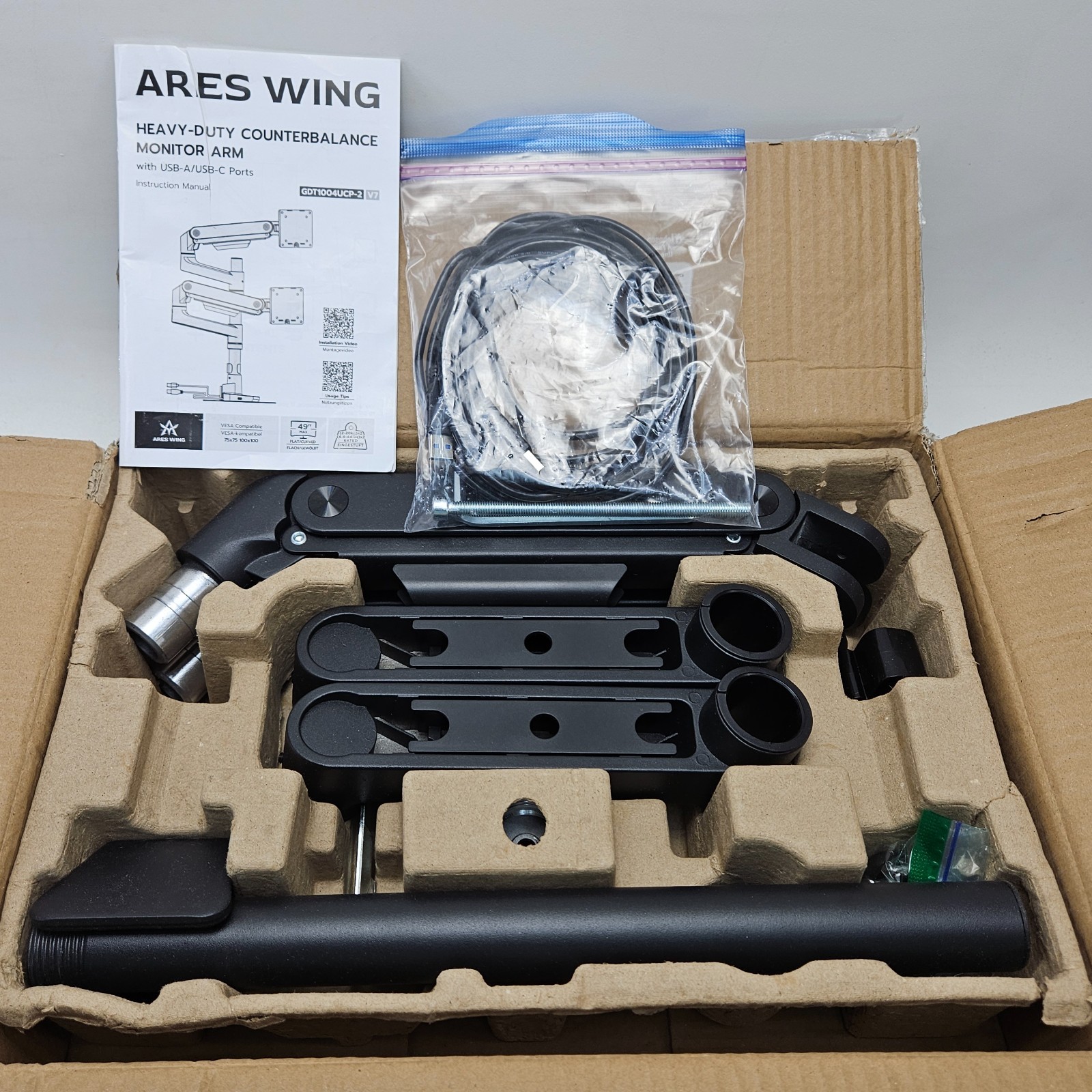 Ares Wing GDT1004UCP-2BK Dual Monitor Arm for Monitor Stacking Fits 17-49"