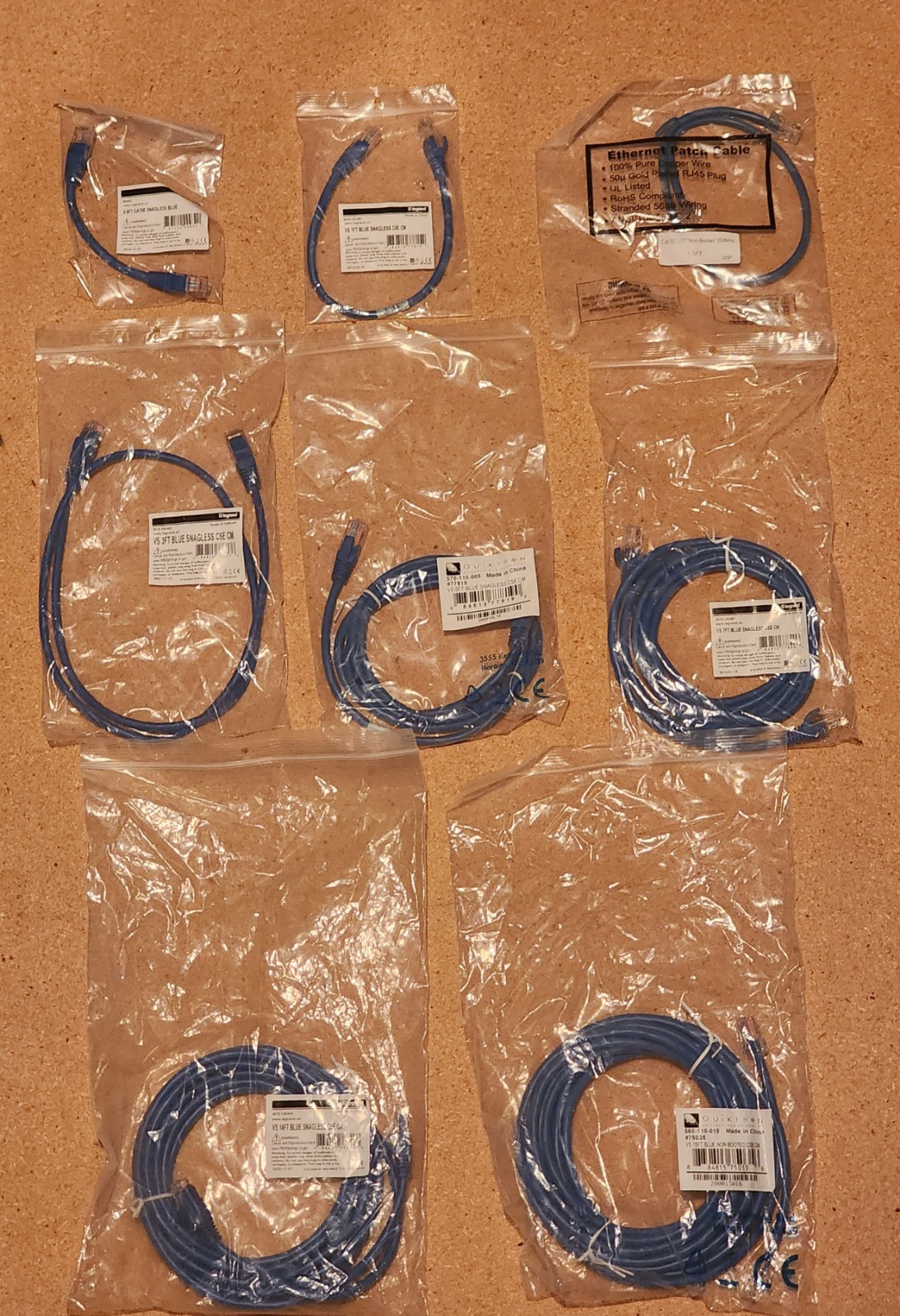 Lot of 160 Legrand Cat 5e Snagless Patch Cables, Blue, 8 Lengths, 20 of each 