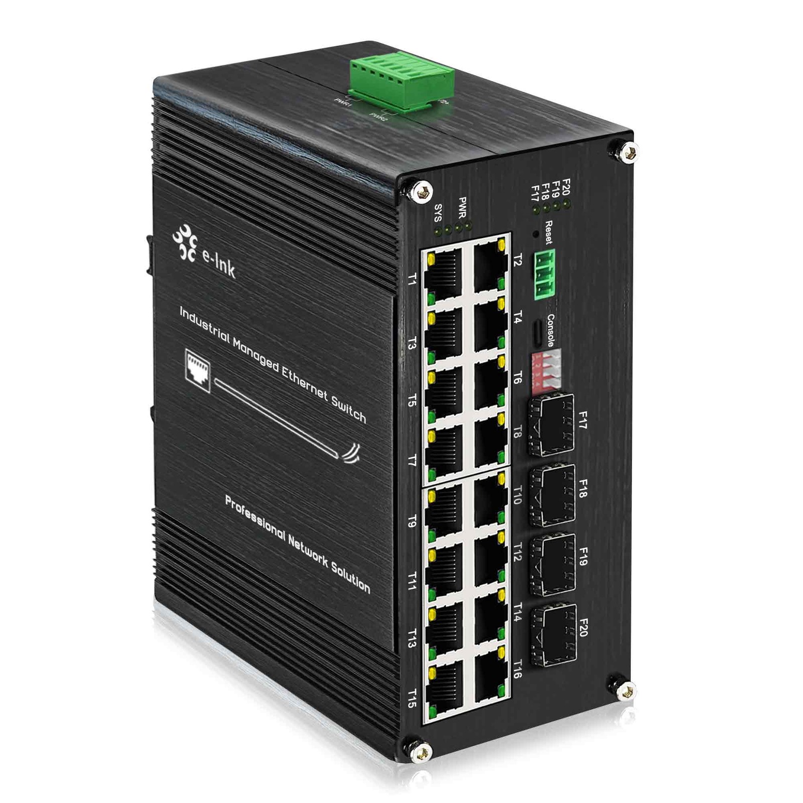 Industrial 16RJ45 PoE Switch Gigabit Managed 802.3at 250m Extend DIN Rail Mount