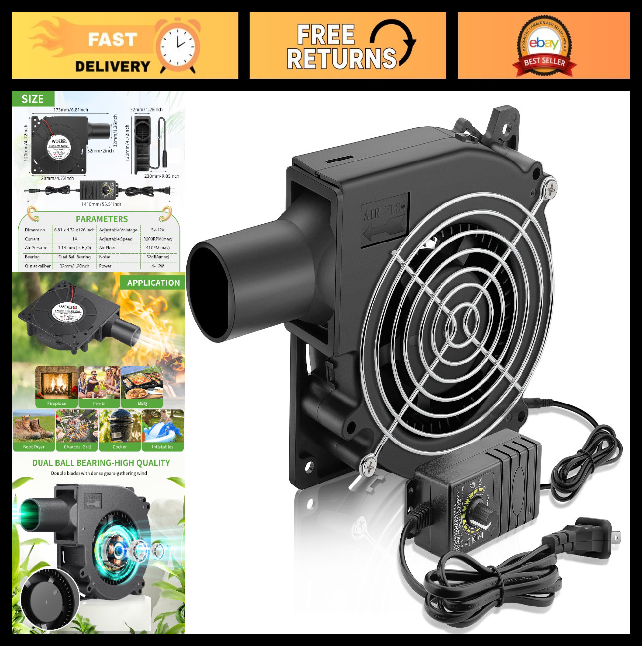 120mm 12V Electric Blower Fan with Speed Controller | Adjustable Air Blower for