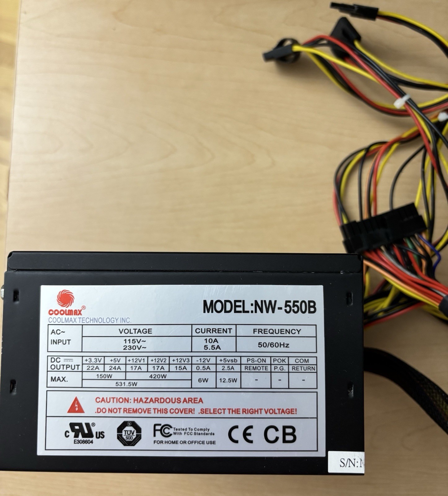 Coolmax NW-550B Desktop Computer Power Supply 550W Tested