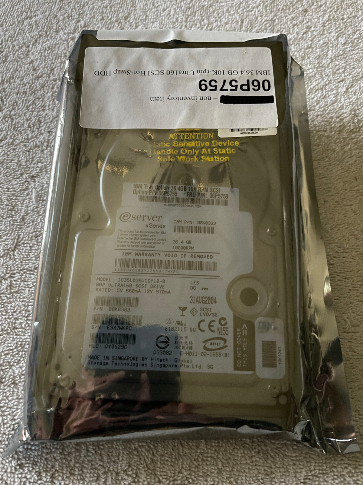 IBM 06P5759 06P5755 36.4GB 10K RPM U160 SCSI 80-Pin Hot Swap 3.5in Hard Drive