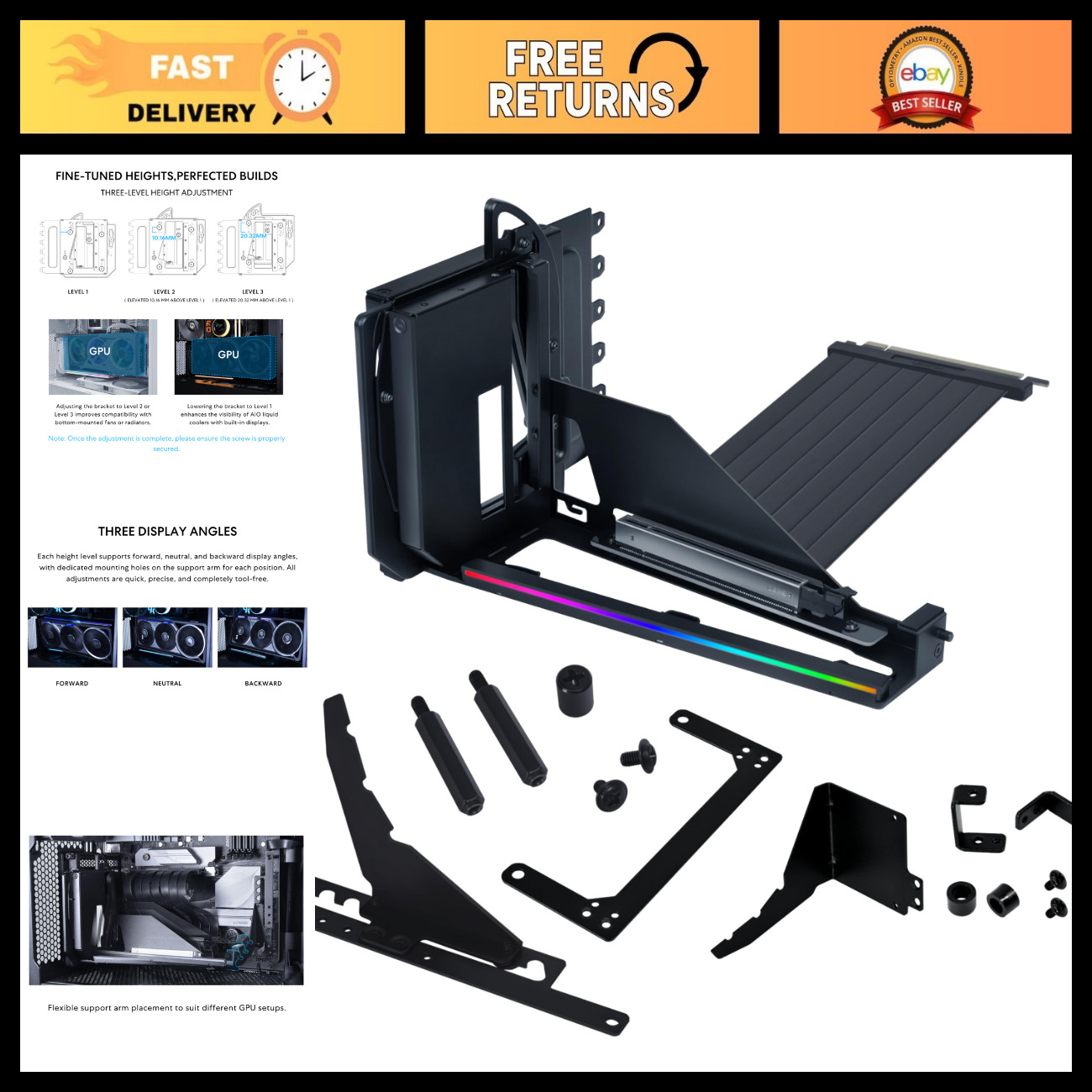 Vertical GPU Mounting Kit, 4 Slots PCIe 5.0 Riser, Black GPU Holder for Gaming P