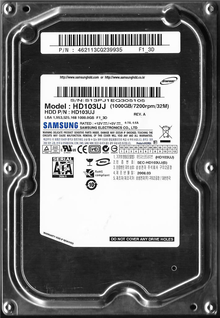 SAMSUNG HD103UJ 1TB SATA HARD DRIVE FIRMWARE: 1AA01109  F1_3D