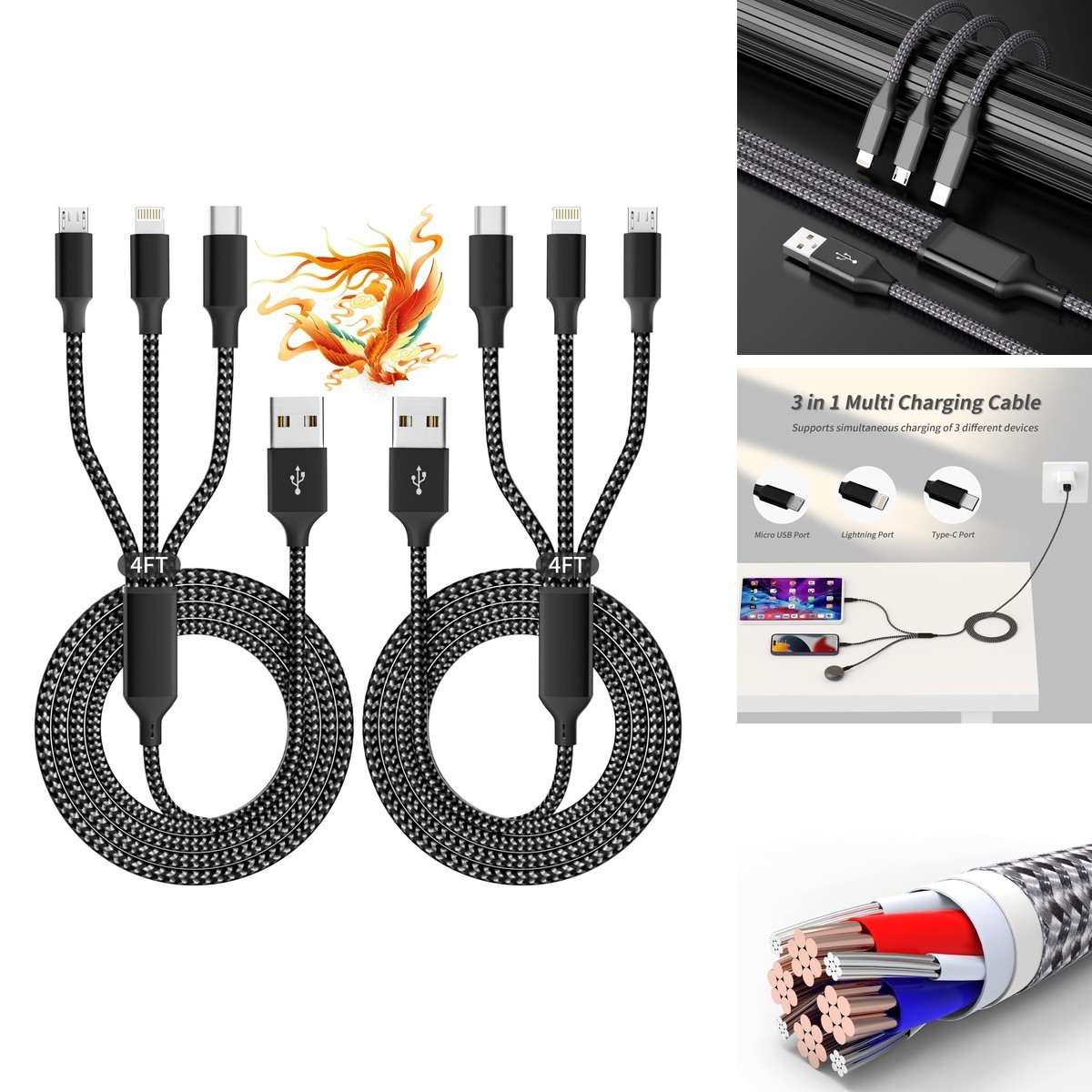 3 IN 1 Multi Charging Cable 2Pack 4FT for Multiple Devices