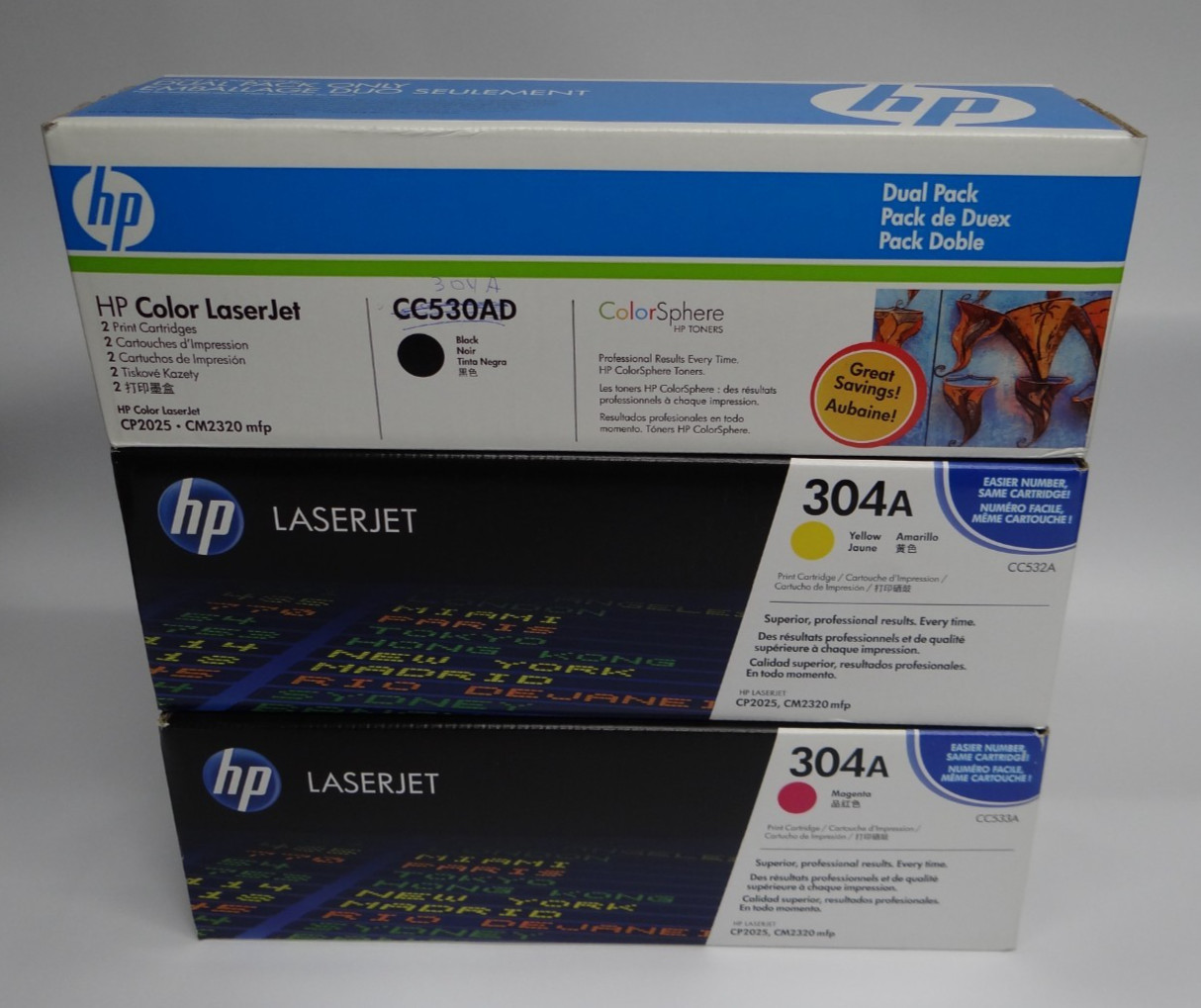 GENUINE SET 3 HP TONER CC530A CC532A CC533A CP2025 CM2320 MFP 304A SEALED