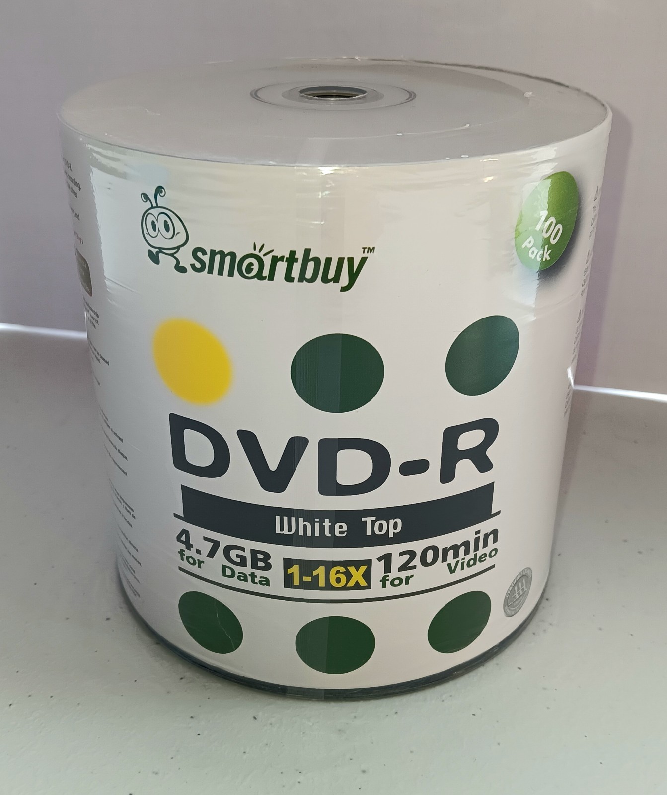 100 Smartbuy 16X DVD-R 4.7GB White Top Non Printable Blank Recording Disc