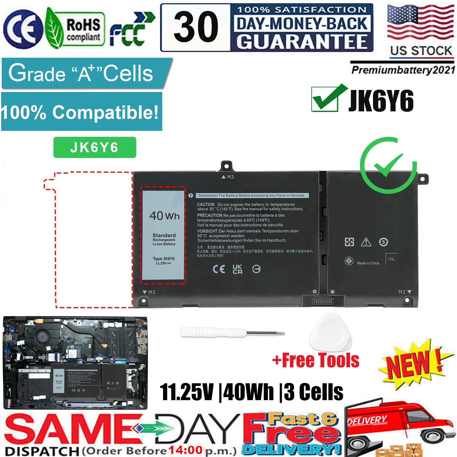 ✅NEW JK6Y6 Battery For Dell Inspiron 5300 5301 5401 5501 Latitude 3410 3510 40Wh