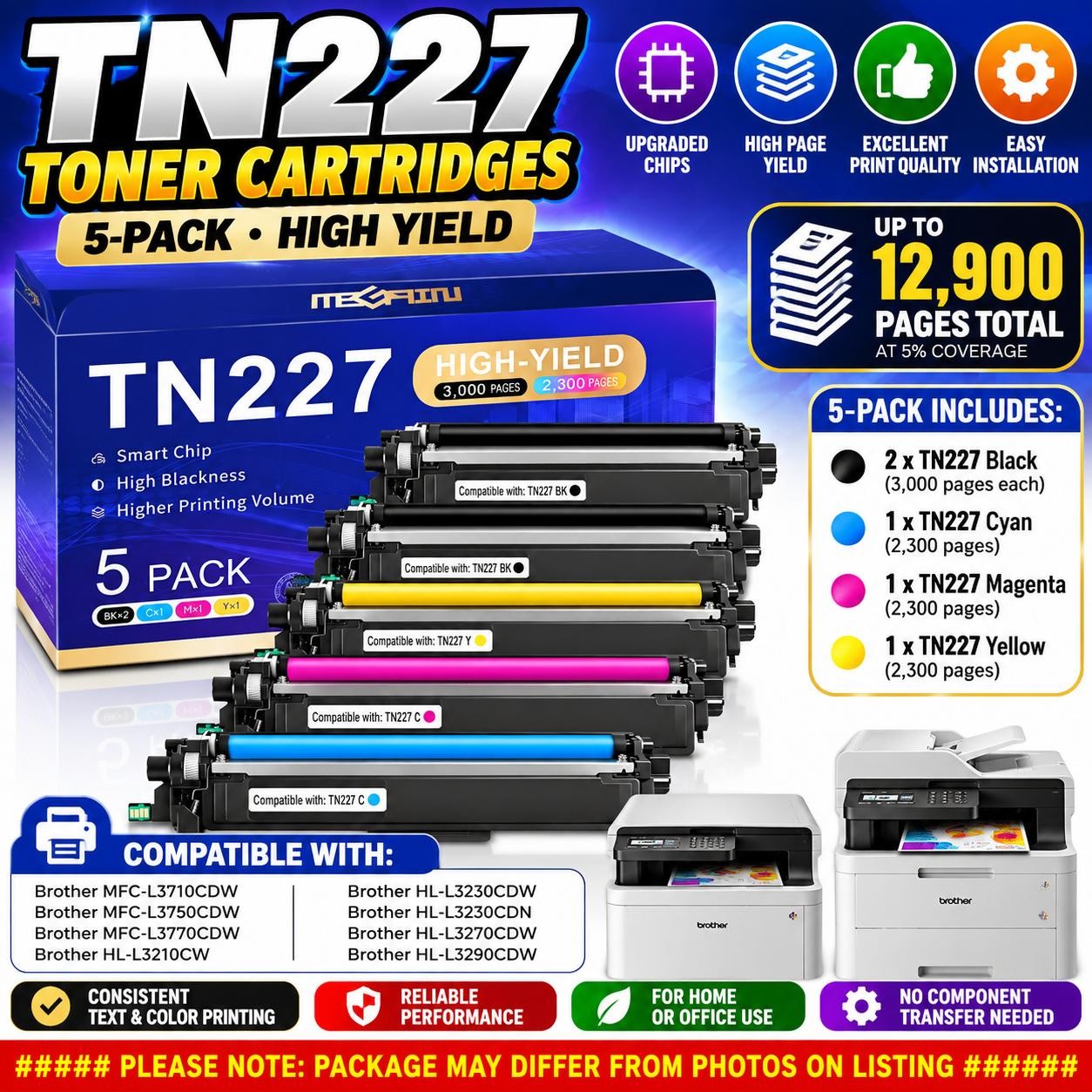 TN227 High Yield Toner 5-Pack for Brother MFC-L3770CDW HL-L3270CDW 2-BK C M Y