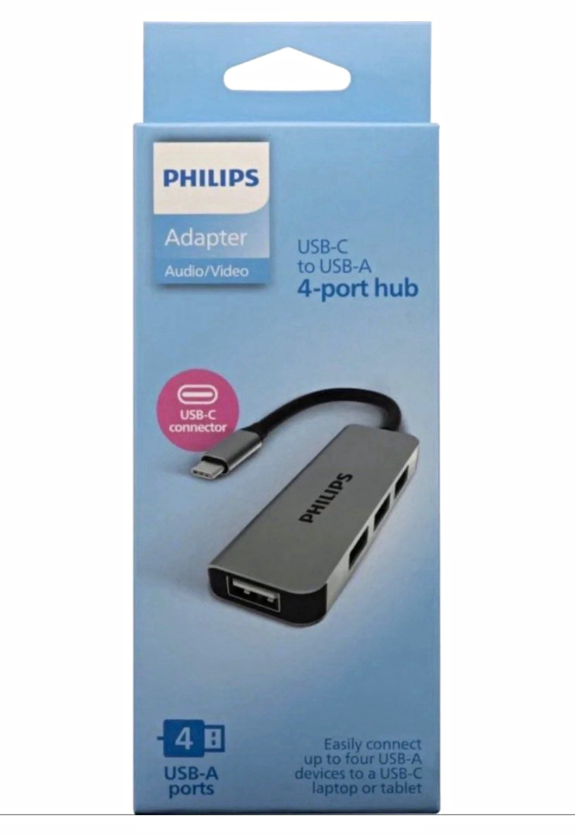 Philips USB-C Hub to 4-Port USB-A 2.0 Adapter Plug-and-Play Gray/Black