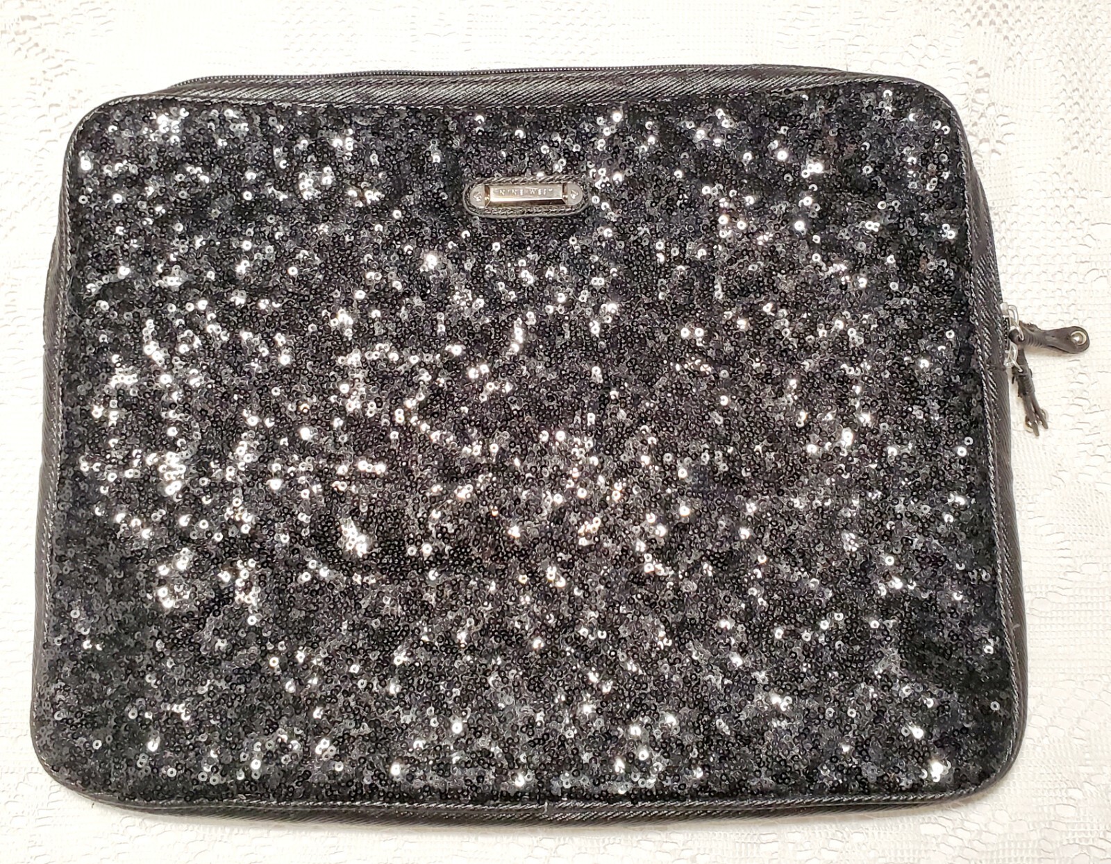 Nine West Black Sequins Laptop Sleeve  Padded Case Nylon Computer Travel Bling