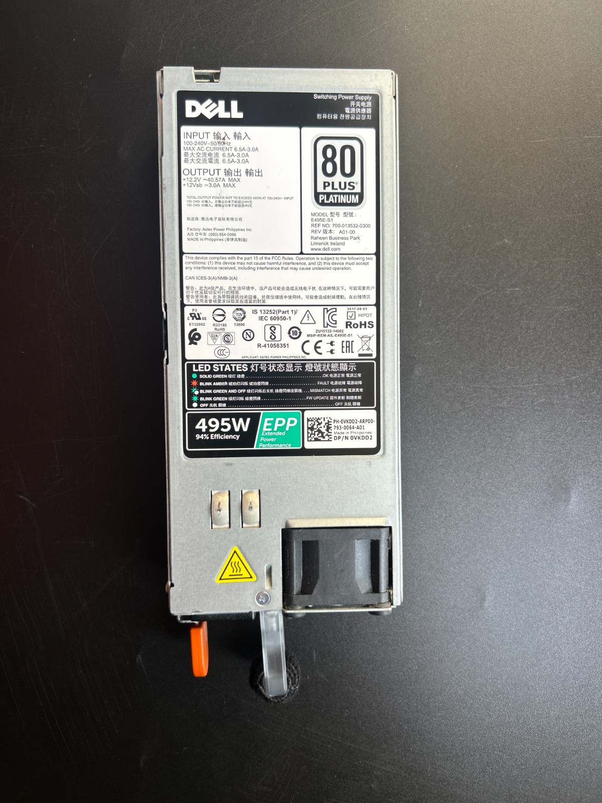 Dell E495E-S1 495W 80 Power Supply For Dell Rack/Tower Servers Dell P/N: 0VKDD2