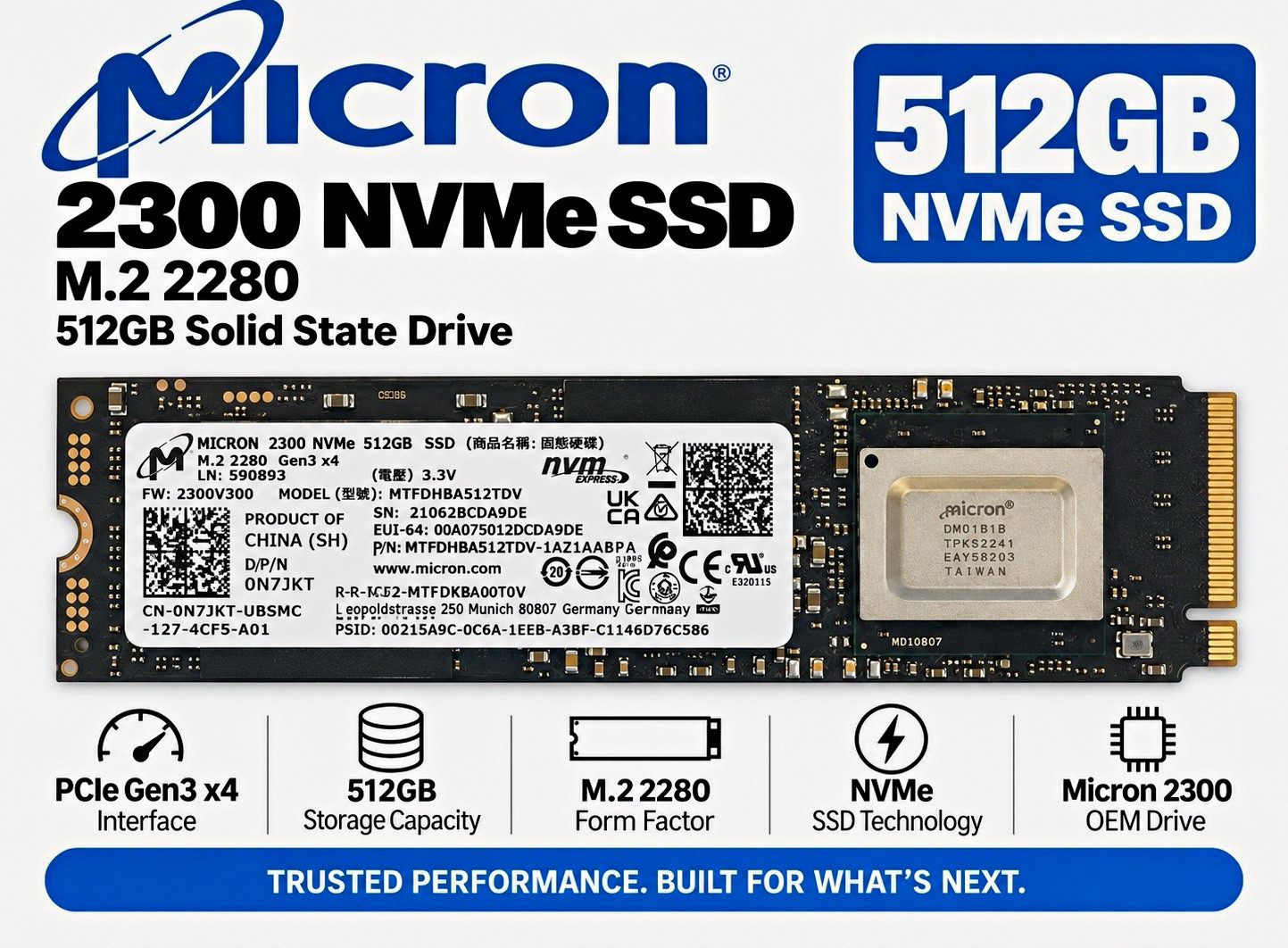 Micron 2300 512GB NVMe PCIe Gen3 x4 M.2 2280 Internal SSD MTFDHBA512TDV