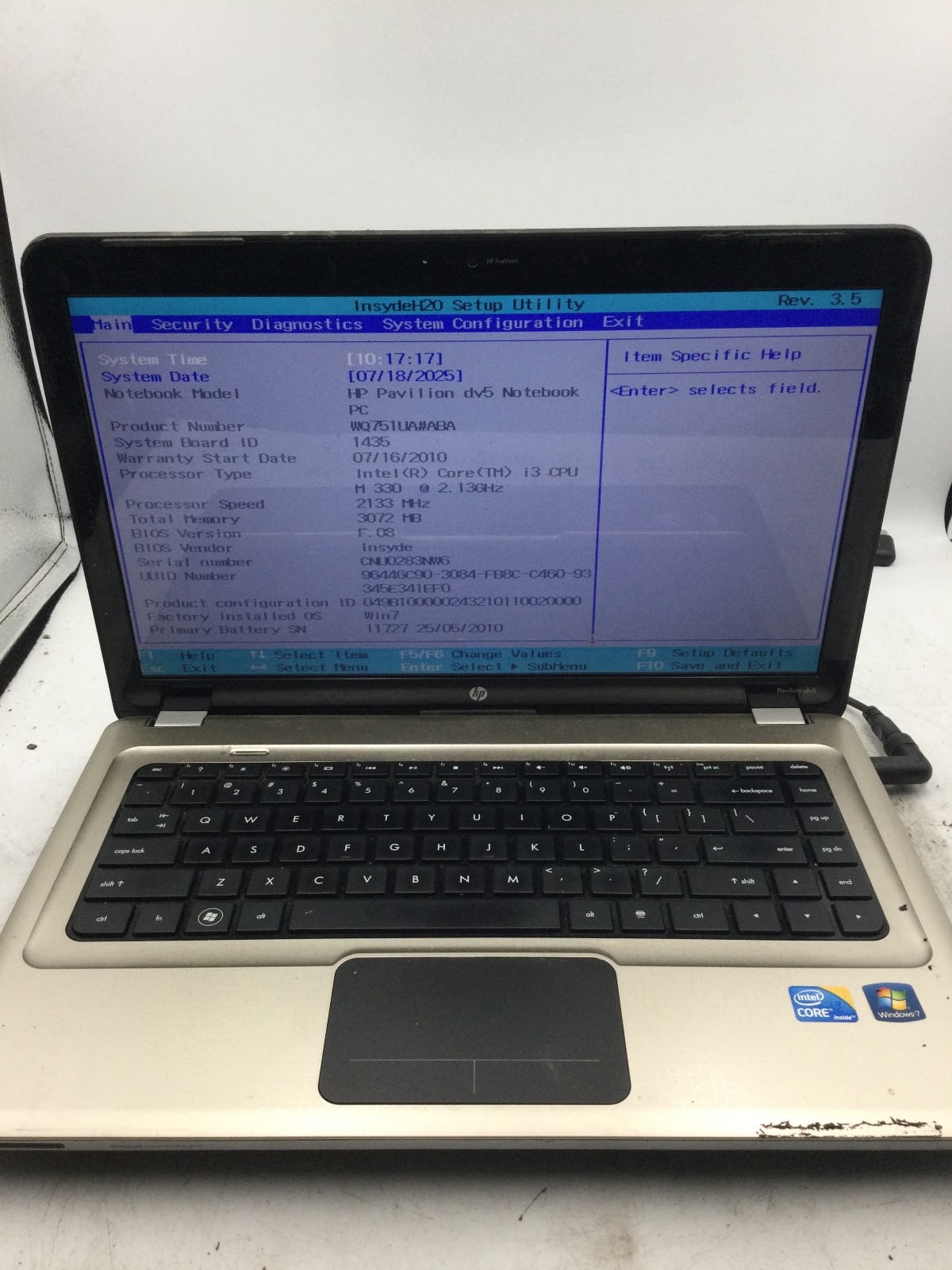HP PAVILION NOTEBOOK DV5 - BOOTS TO BIOS - INTEL I3 M330 - 3GB RAM -READ DESC-BB