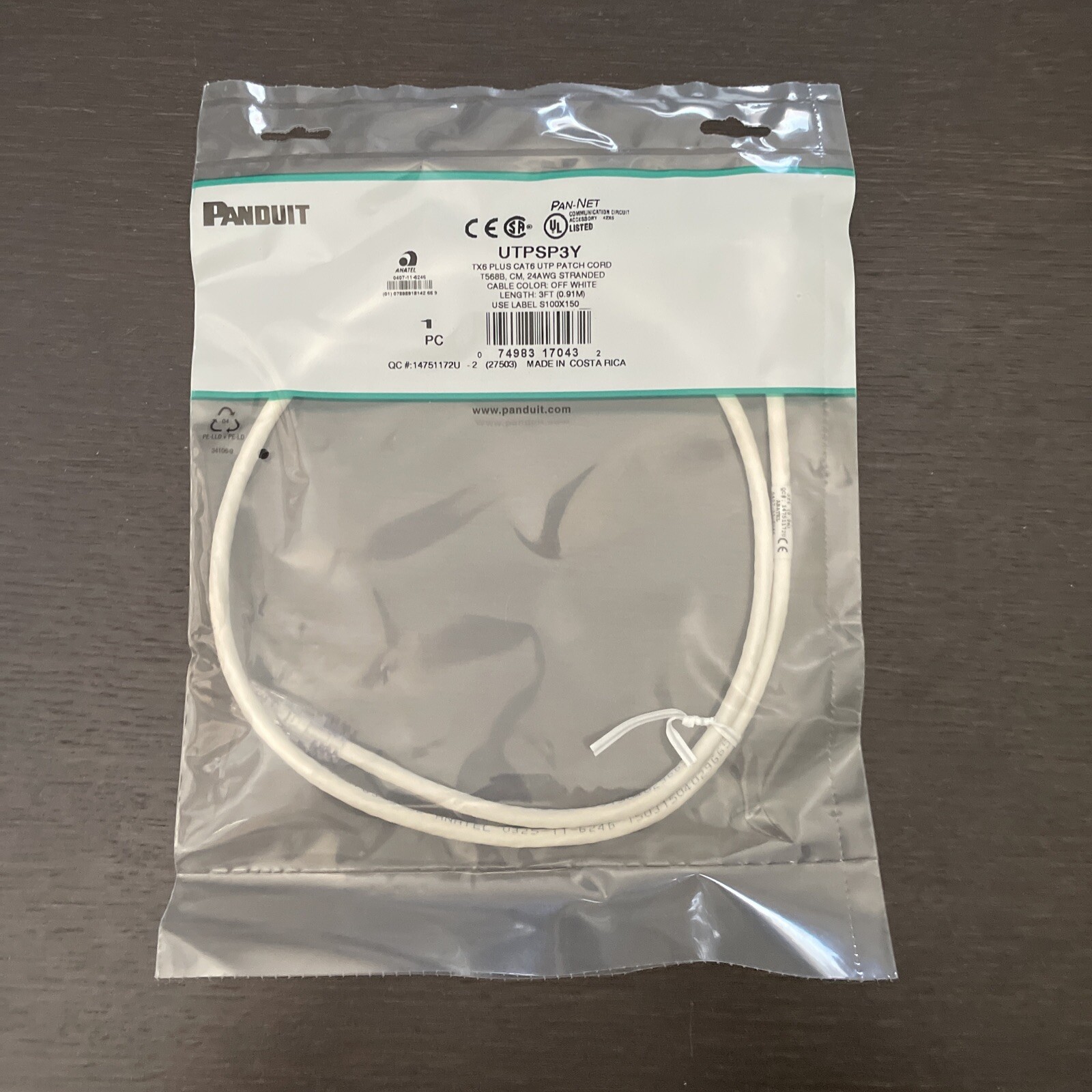 Panduit UTPSP3Y TX6 Plus CAT6 UTP Patch Cord Off White 3' FEET 