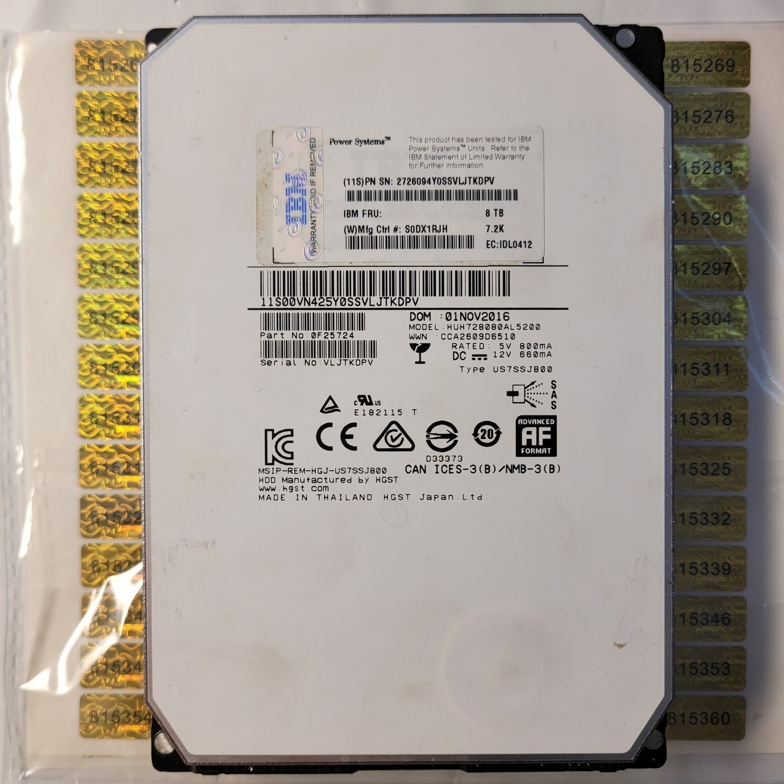 IBM Hard Drive 8TB HDD 7.2K SAS 12Gb/s HUH728080AL5200 0F25724 Enterprise