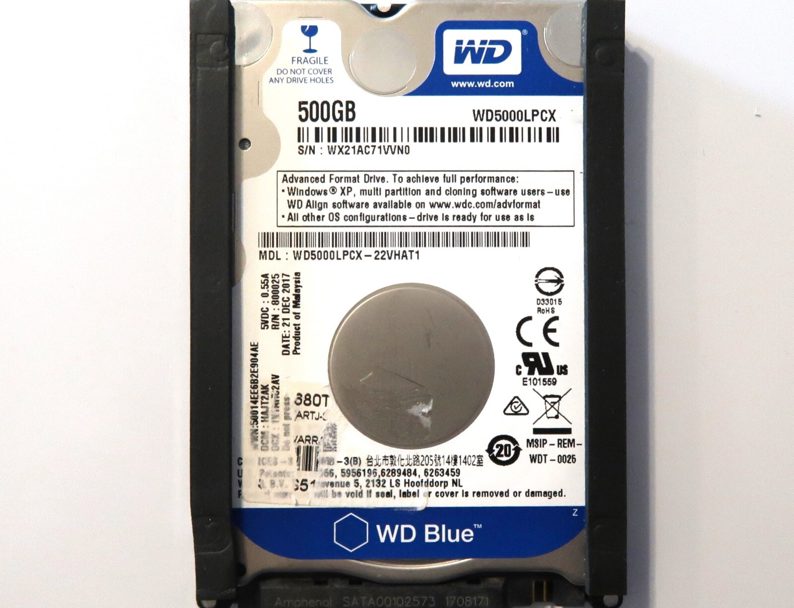 WD WD5000LPCX-22VHAT1 HAJT2AK (WX21) Malaysia 500gb 2.5" Sata HDD 21DEC2017