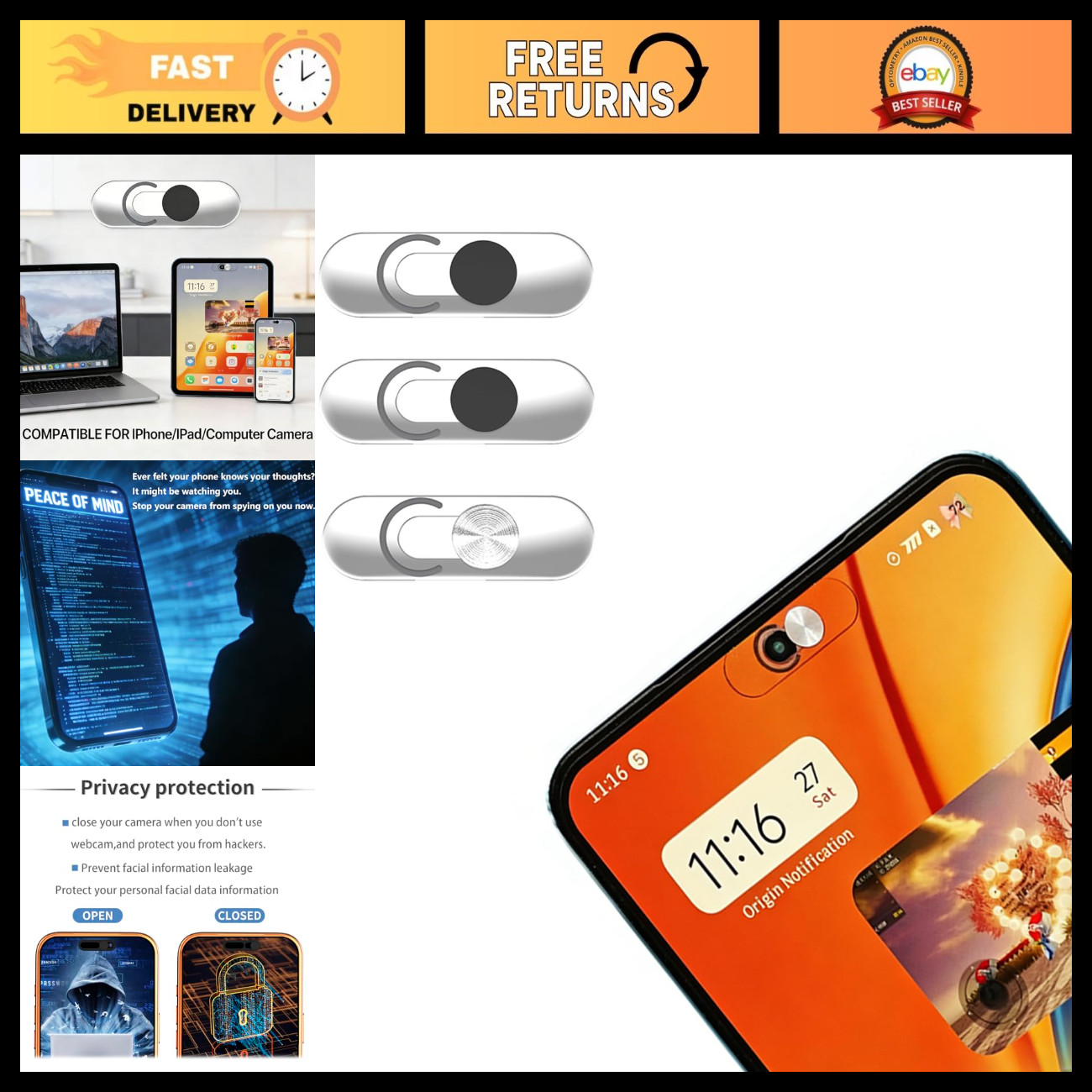 3 Pack Ultra Thin Front Camera Privacy Slider Cover - Webcam Privacy Shield