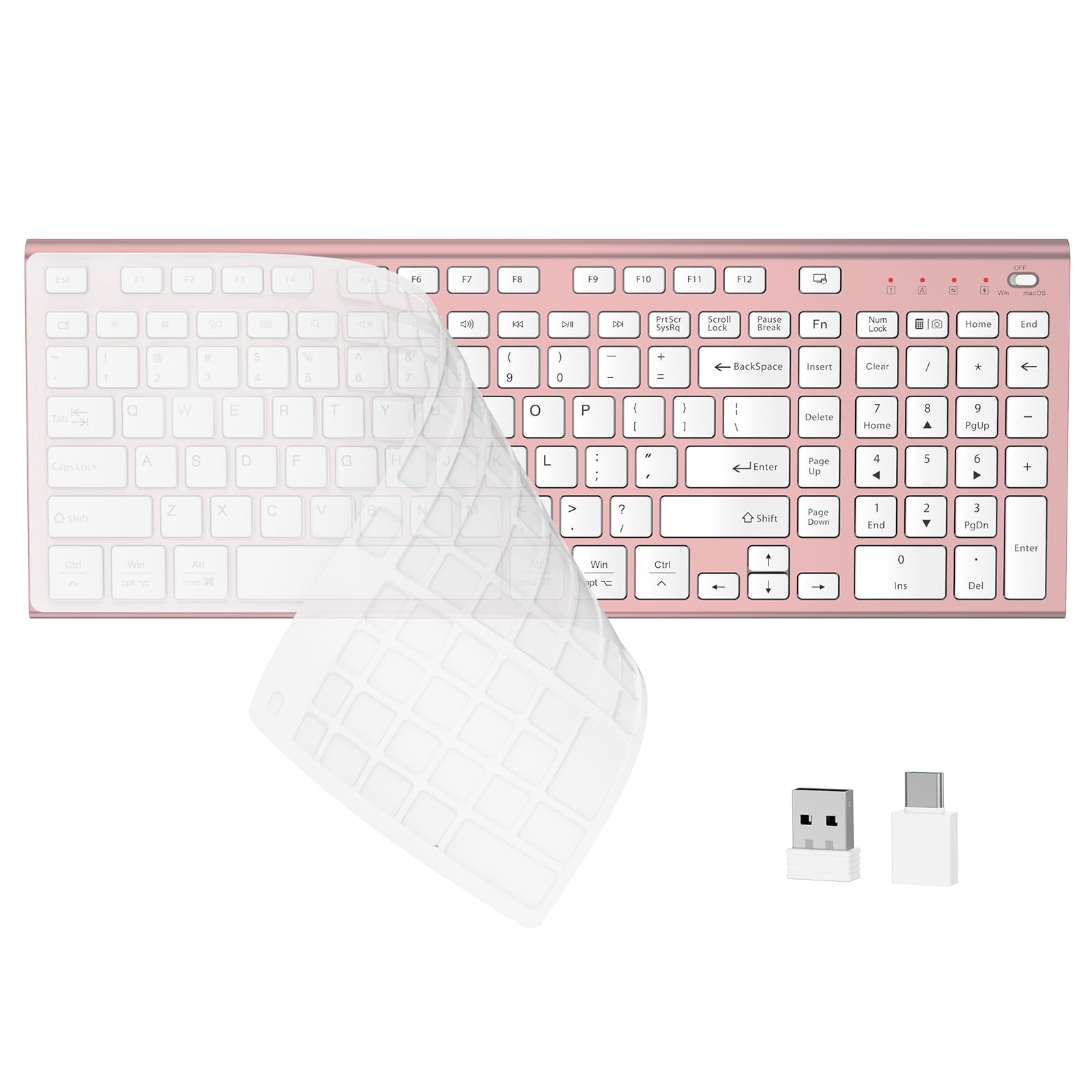 Wireless Silent Keyboard USB C Low Profile Compact Number Pad Pink Rose Gold
