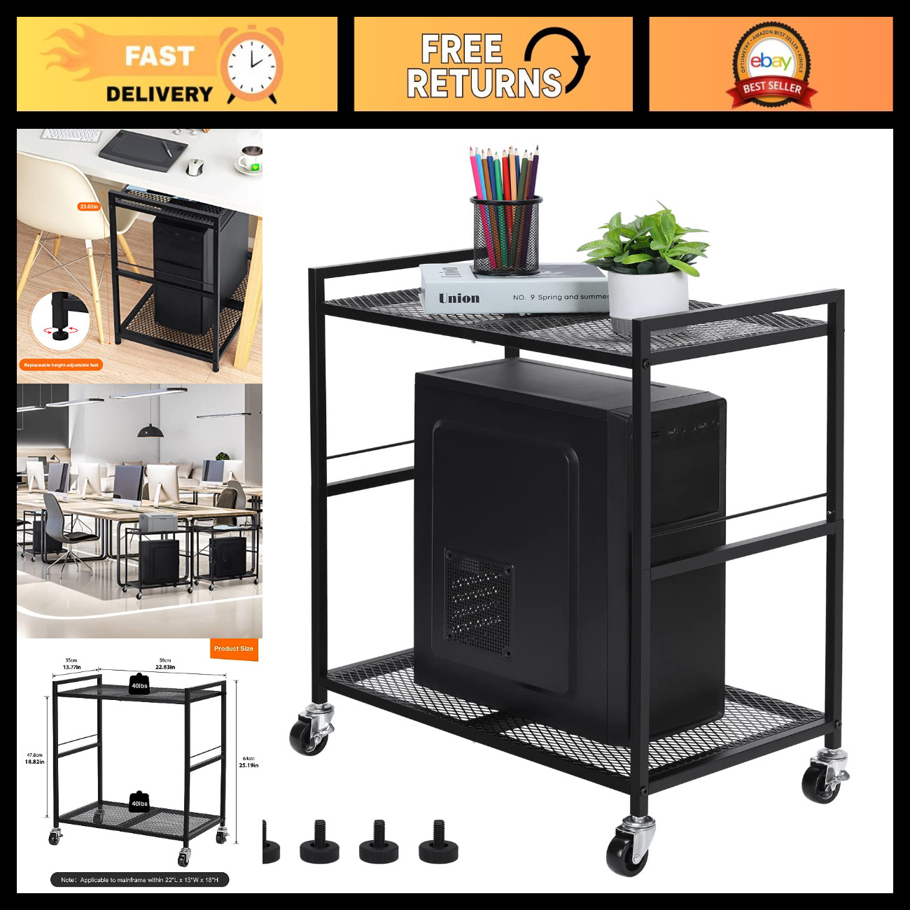 2-Tier Metal Computer Tower Stand - Adjustable PC Storage Rack, Black