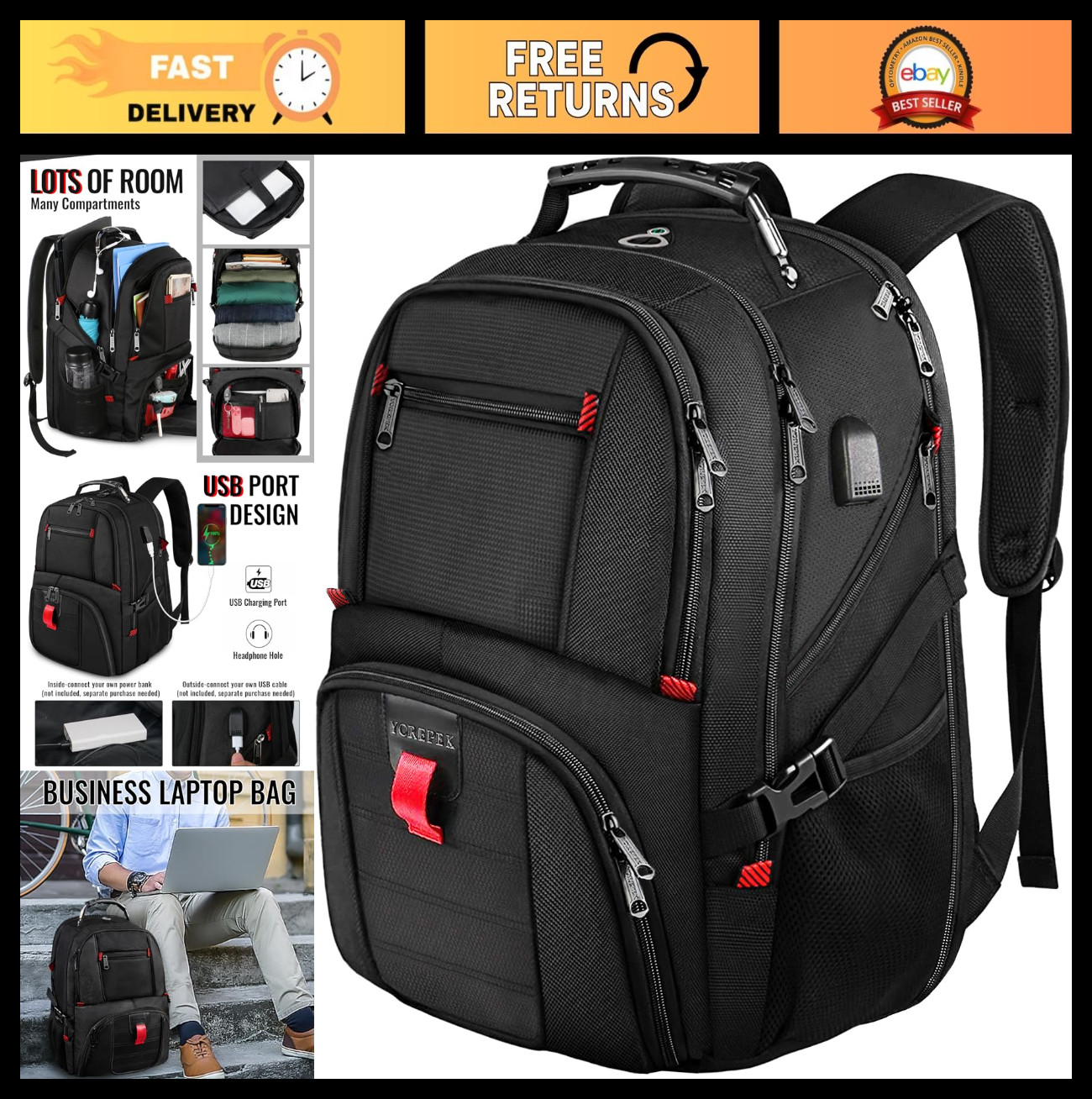 Extra Large Water Resistant Laptop Backpack for Travel & Work, USB Charging Port
