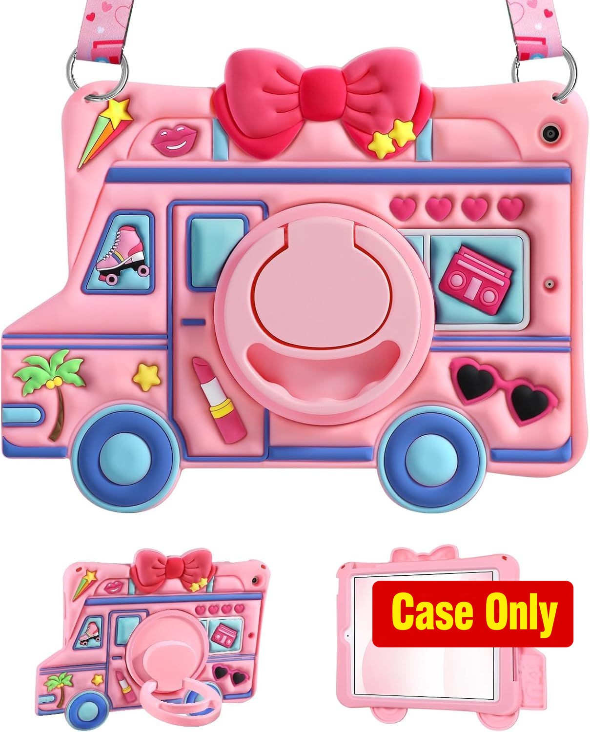 Cute 3D Cartoon Case for iPad 9th/8th/7th Gen 10.2 Inch, Rotating Stand & Strap
