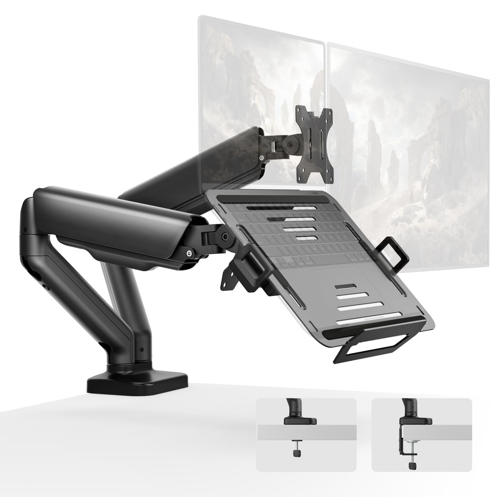 monTEK Dual Arm 2-in-1 Desk Mount, Laptop & Monitor, Fits 12–18" Laptops