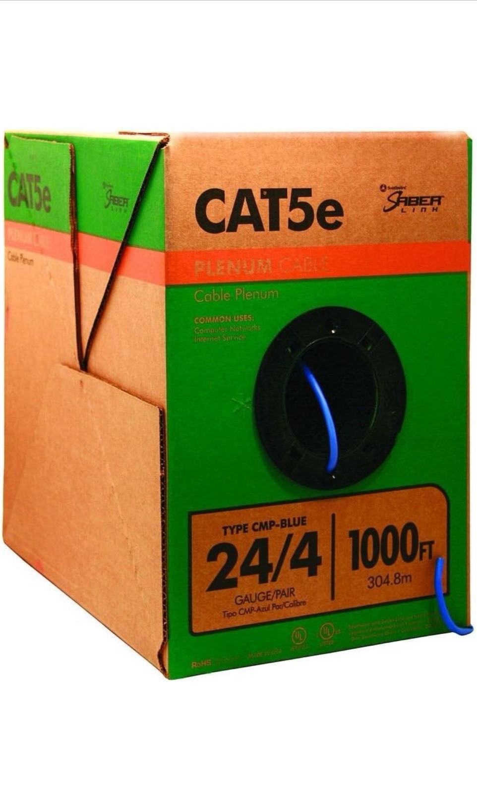 Southwire 1000 ft. Blue 24/4 CAT5e CMP (Plenum) Data Cable New