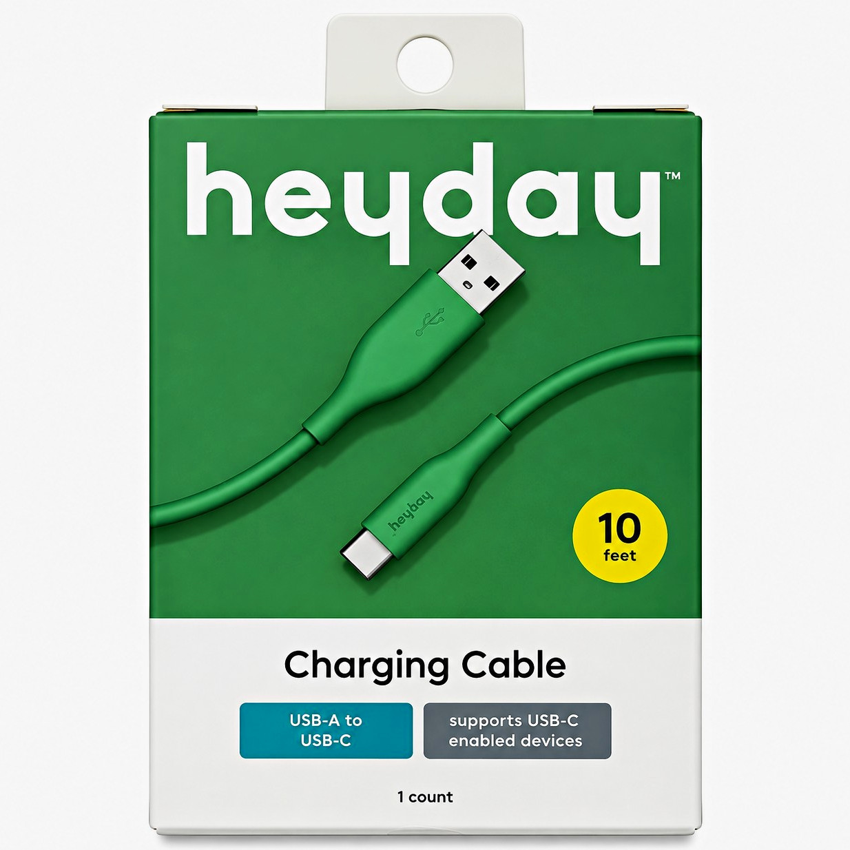 heyday USB-A to USB-C Charging Cable 10 ft Green Soft Touch Silicone