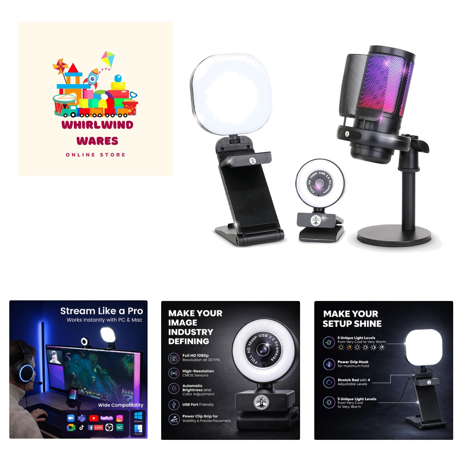 Webcam Streaming Kit for Gaming Setup–1080P HD Camera, RGB USB Microphone & L...