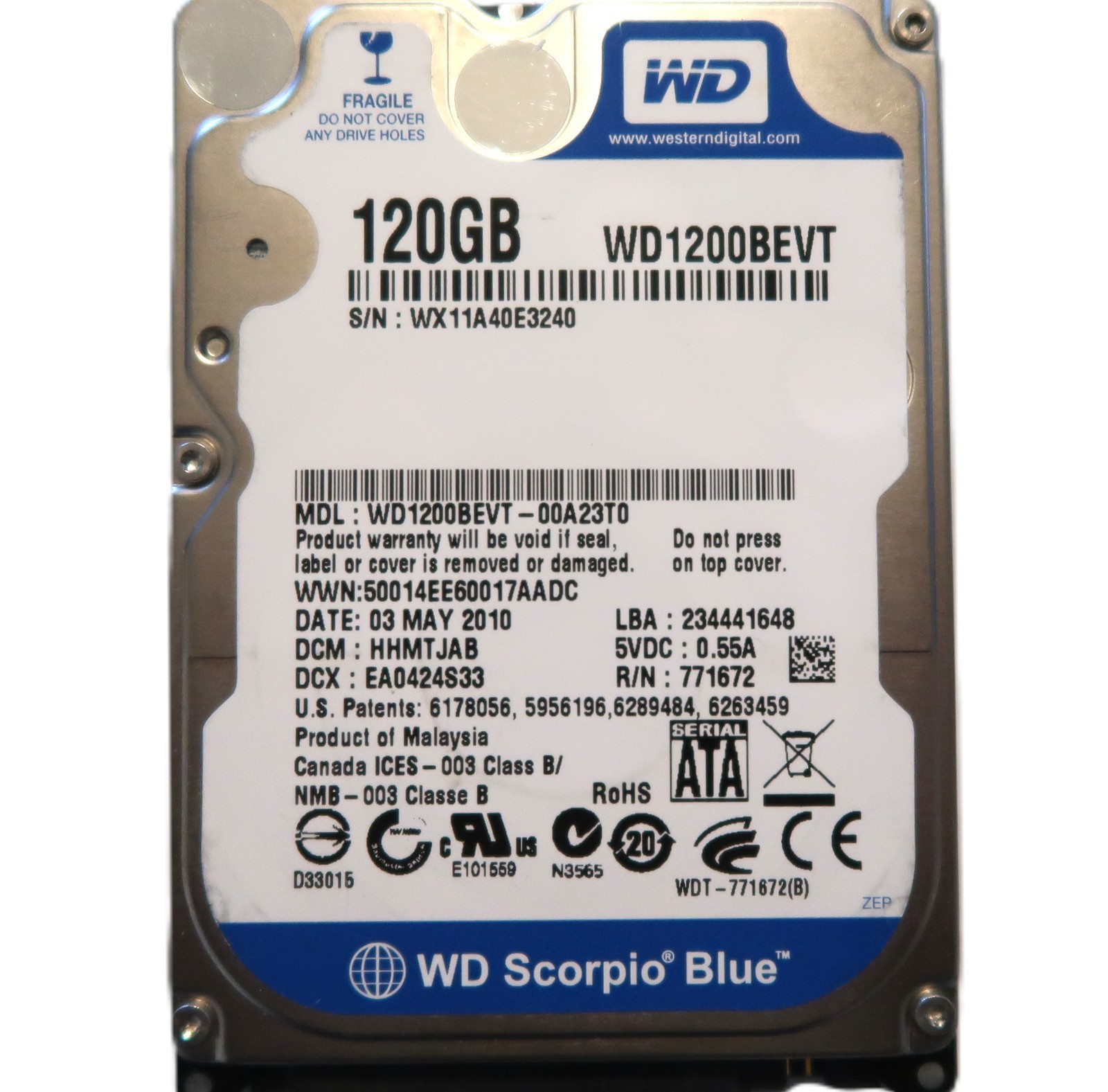WD WD1200BEVT-00A23T0 HHMTJAB (WX11) Malaysia 120gb 2.5" Sata HDD MAY/2010