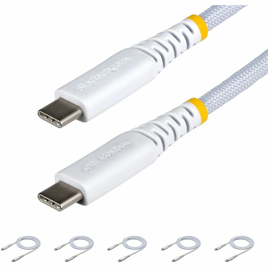 StarTech 5-Pack 3ft 91cm White USB-C Charging Cable 60W 3A PD Dual-Layer Braided