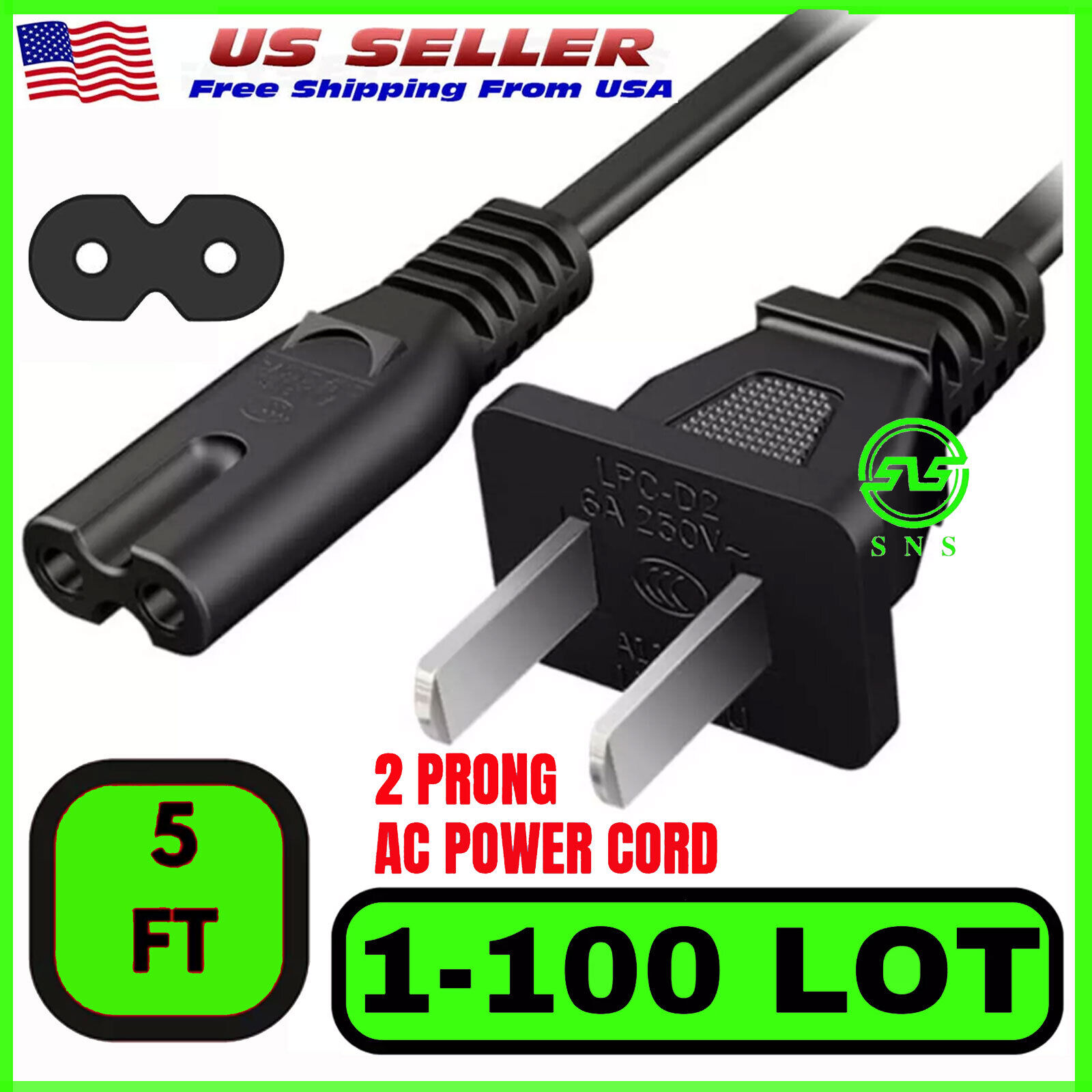 AC Power Cord Cable for PS4 & PS3 PS2 Slim Super Slim XBOX PC 2 Prong 1-100 LOT